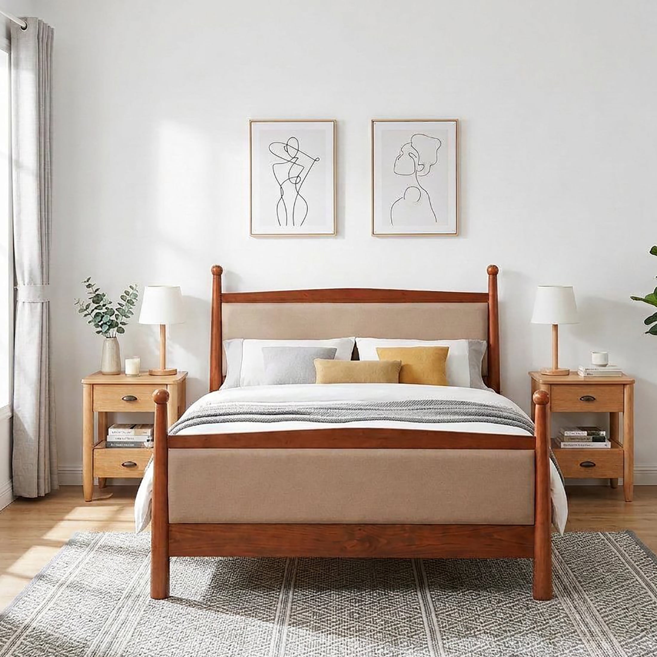 Christopher Knight Home Transitional Bedroom Set, King Upholstered Bed with 2 Nightstands, Cherry+Natural
