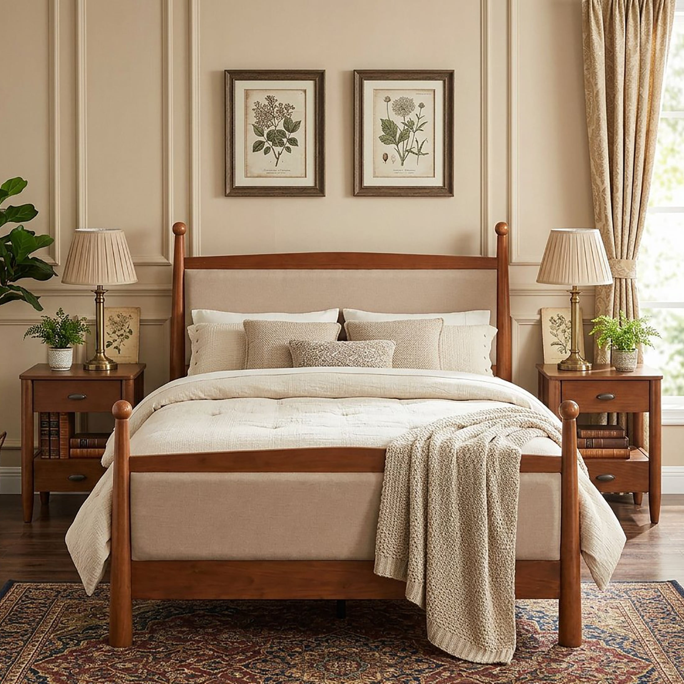 Christopher Knight Home Transitional Bedroom Set, King Upholstered Bed with 2 Nightstands, Cherry+Walnut