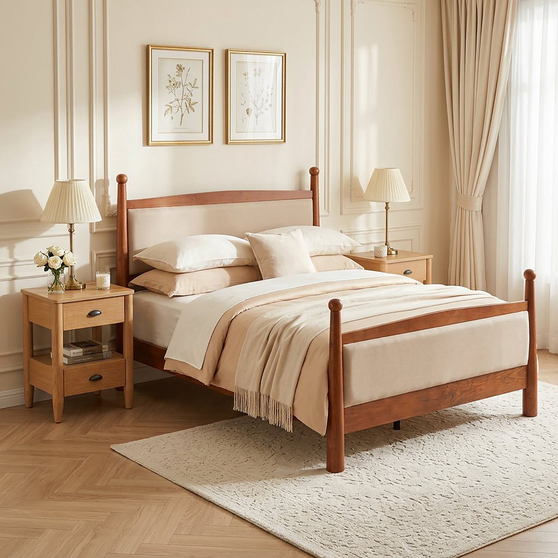 Christopher Knight Home Transitional Bedroom Set, Queen Upholstered Bed with 2 Nightstands, Cherry+Natural