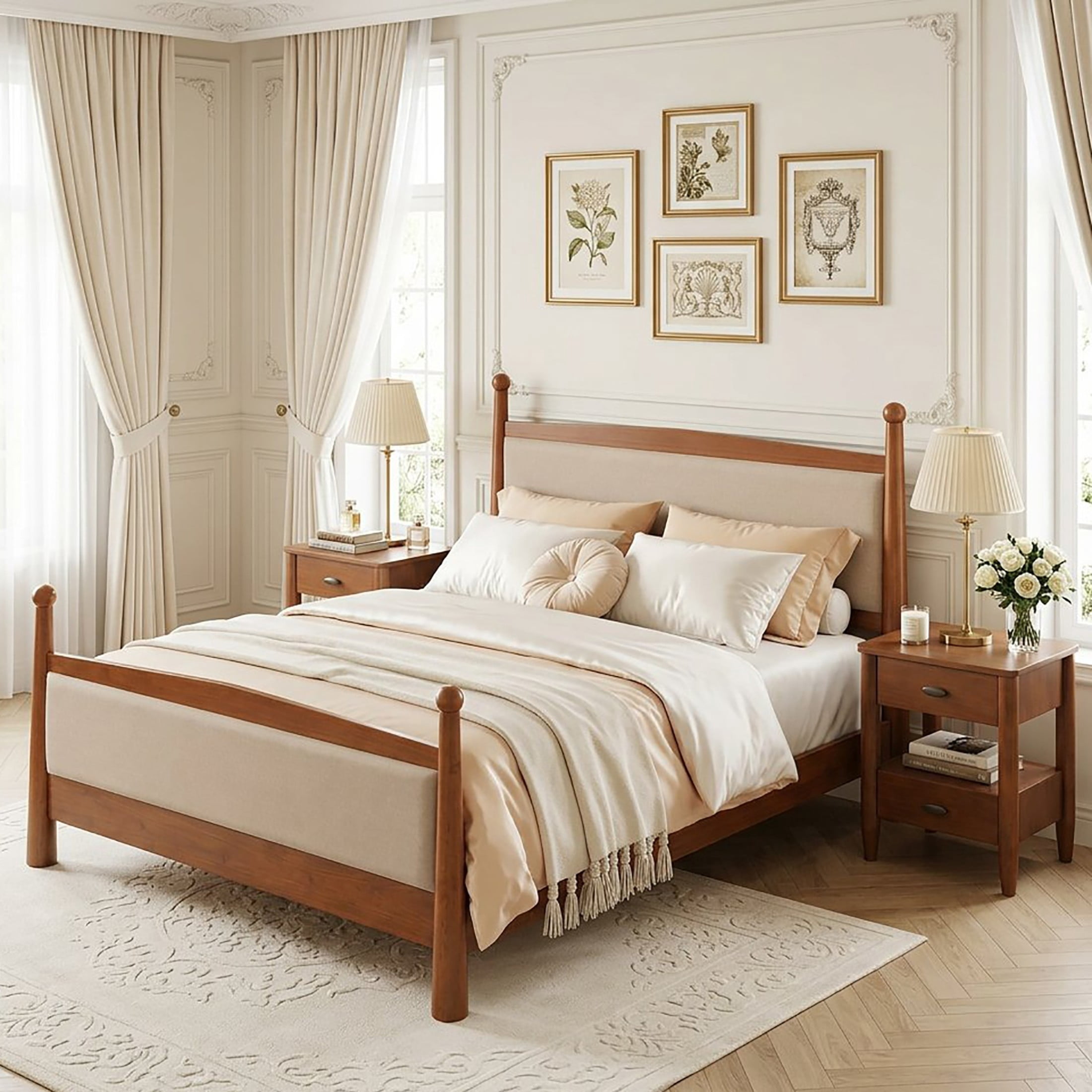 Christopher Knight Home Transitional Bedroom Set, Queen Upholstered Bed with 2 Nightstands, Cherry+Walnut
