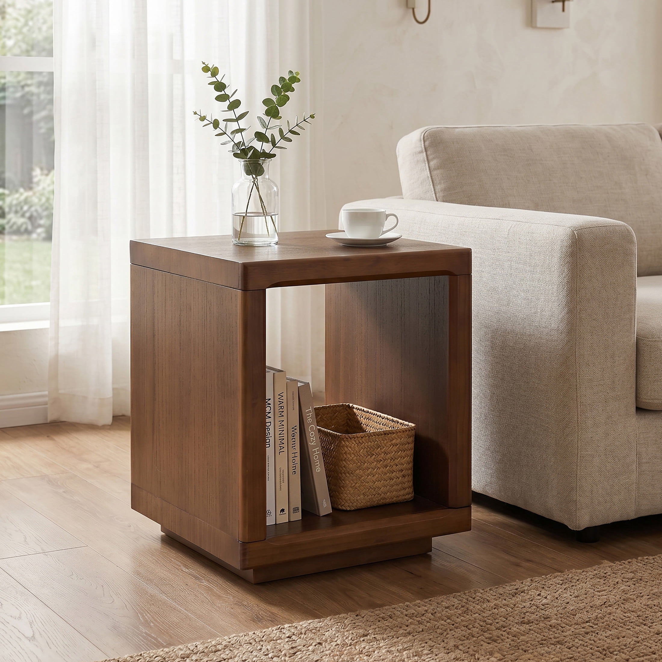 Christopher Knight Home Mid-Century Cube Accent Side Table with Open Storage Shelf, Walnut Finish