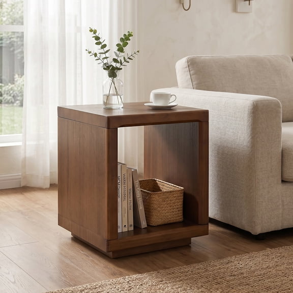 Christopher Knight Home Mid-Century Cube Accent Side Table with Open Storage Shelf, Walnut Finish