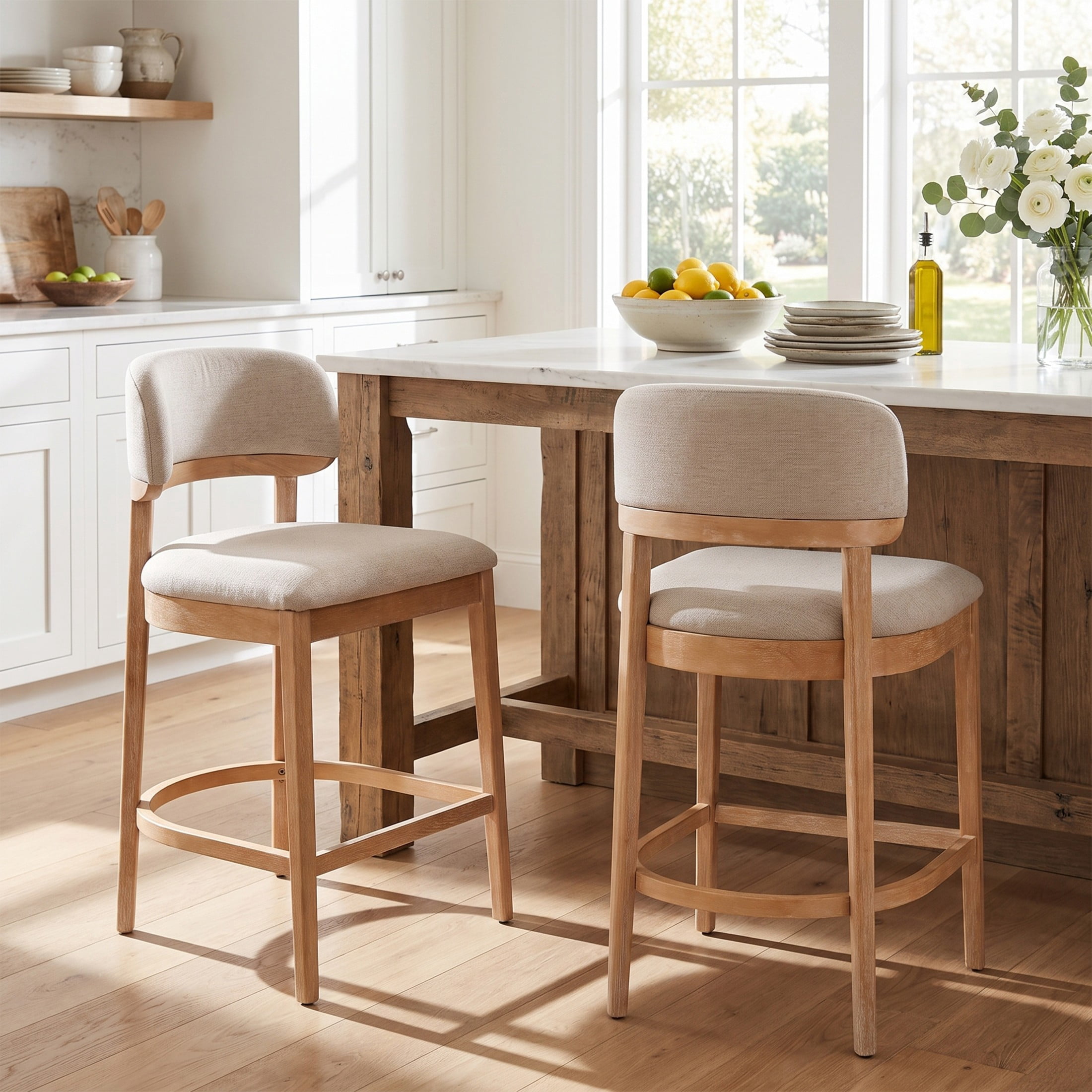 Christopher Knight Home Mid-Century Curved Back Counter Stools with Beige Upholstery, Natural, Set of 2