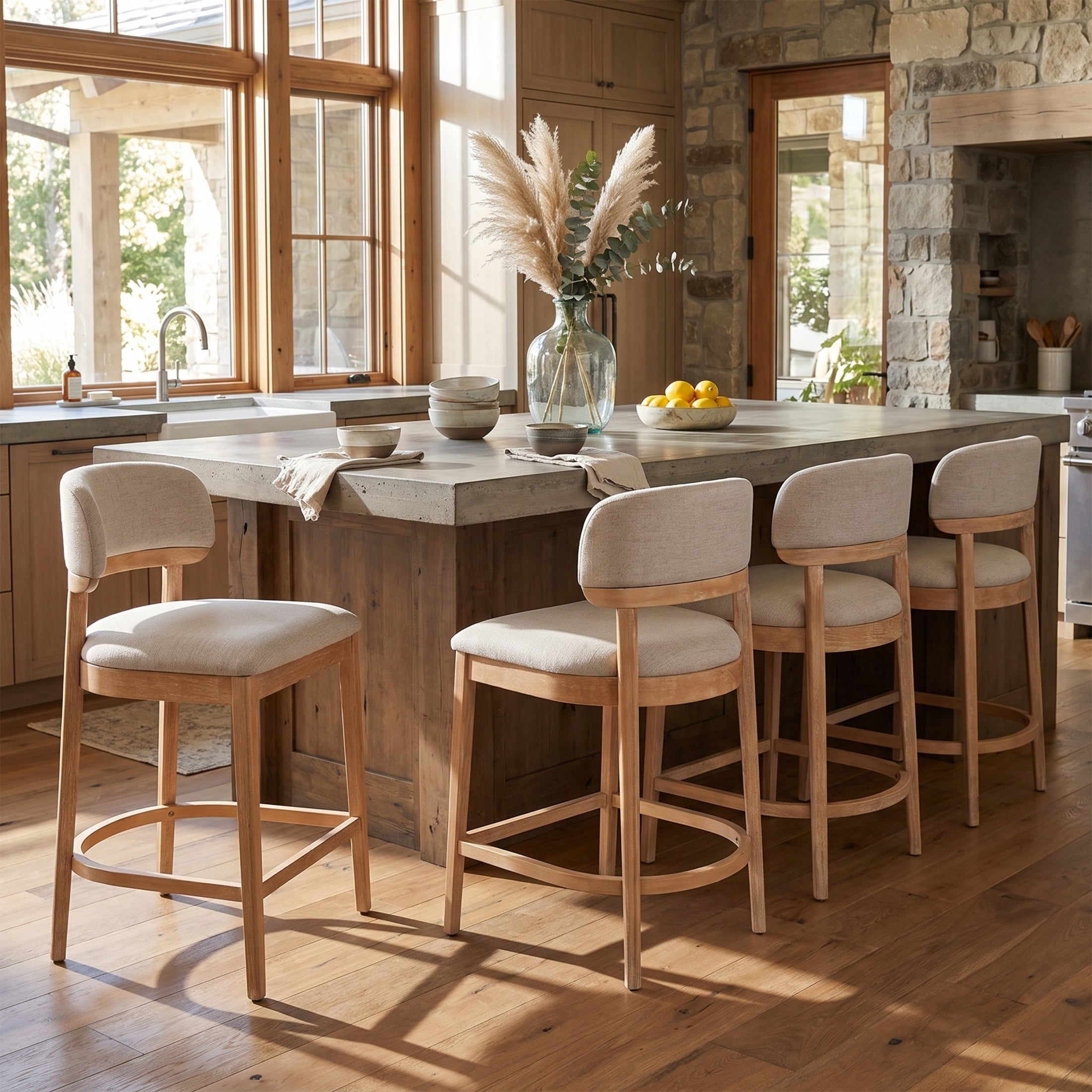 Christopher Knight Home Mid-Century Curved Back Counter Stools with Beige Upholstery, Natural, Set of 4