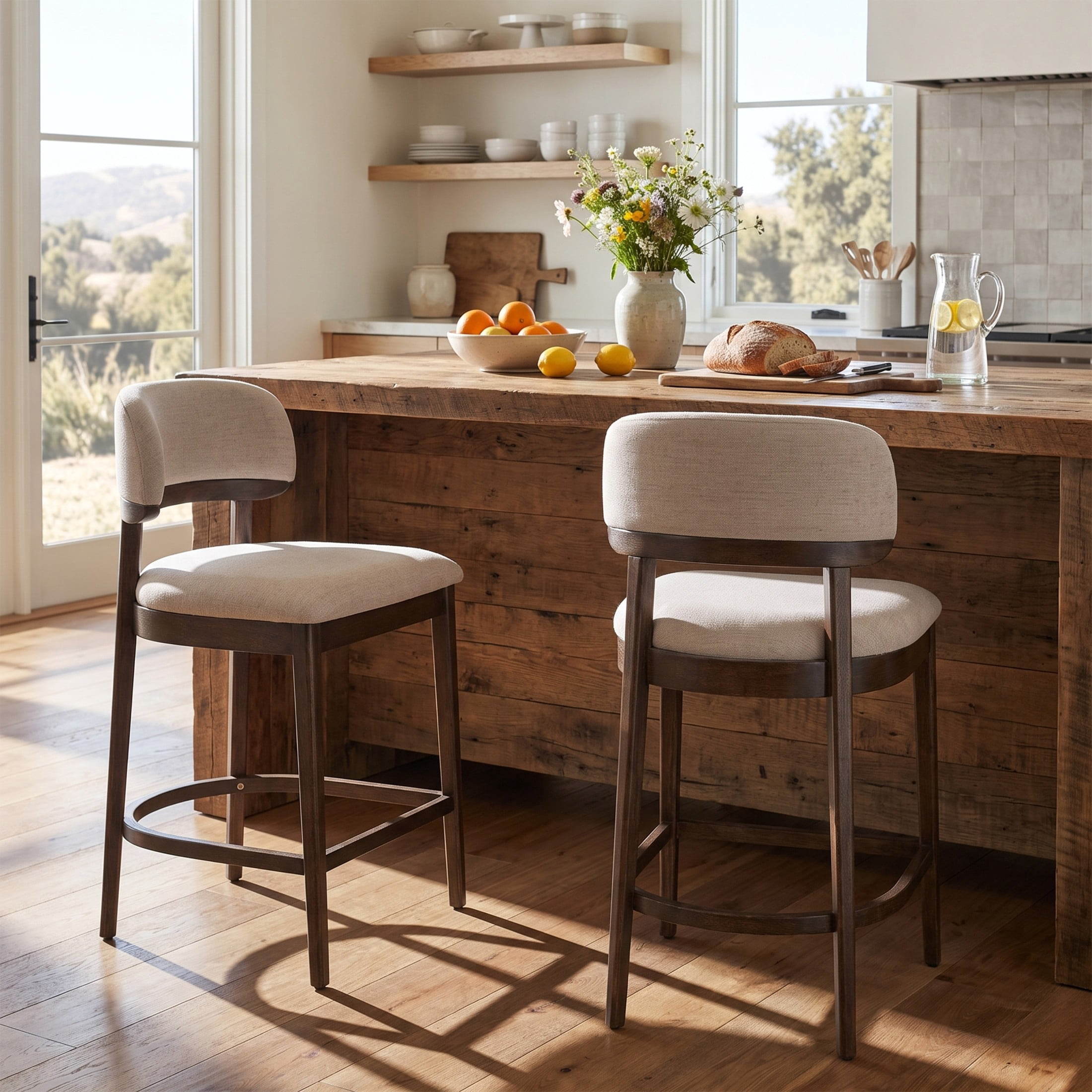 Christopher Knight Home Mid-Century Curved Back Counter Stools with Beige Upholstery, Walnut, Set of 2