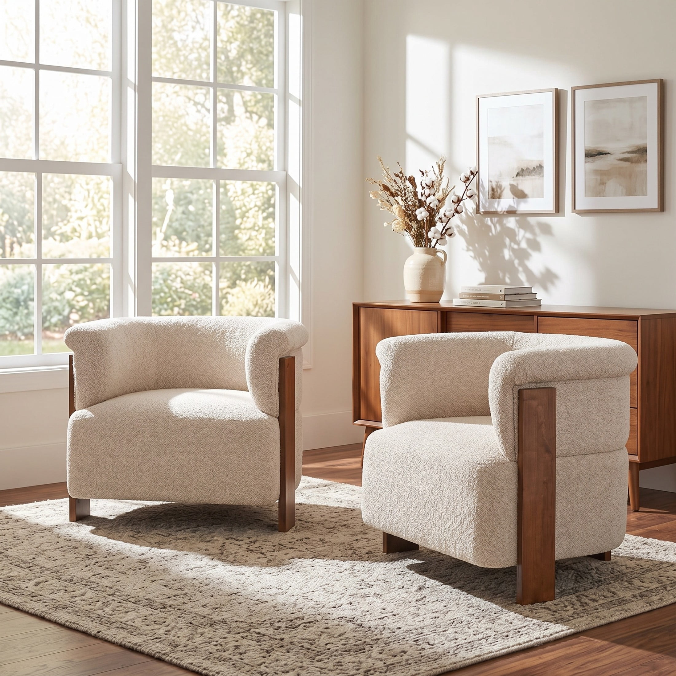 Christopher Knight Home Mid-Century Curved Upholstered Barrel Accent Chair with Wooden Legs, Almond, Set of 2