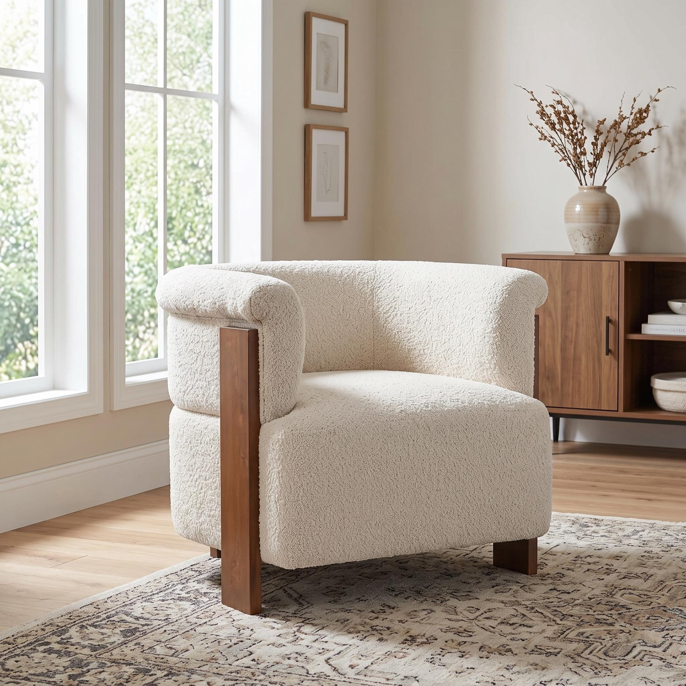 Christopher Knight Home Mid-Century Curved Upholstered Barrel Accent Chair with Wooden Legs, Almond