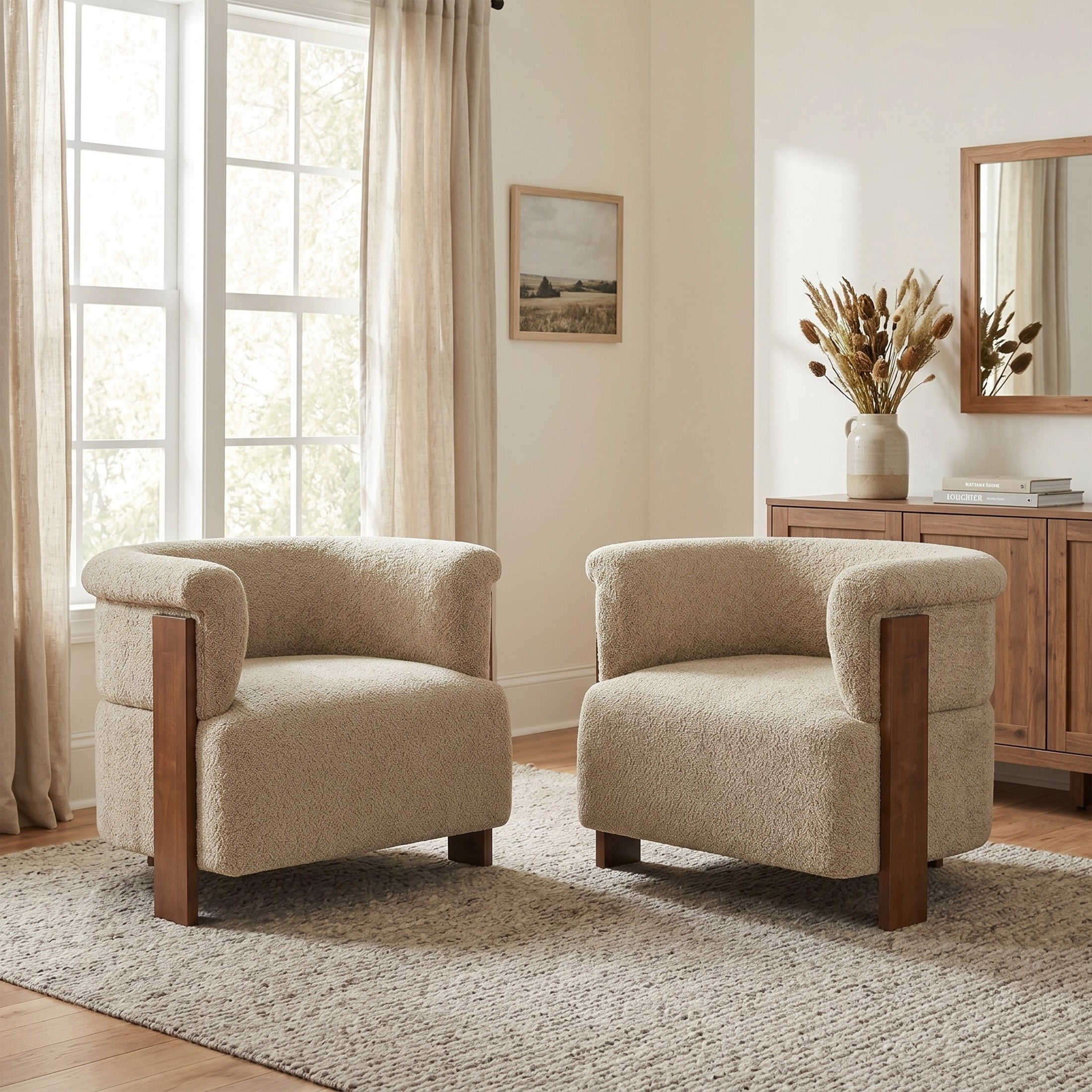 Christopher Knight Home Mid-Century Curved Upholstered Barrel Accent Chair with Wooden Legs, Brown, Set of 2