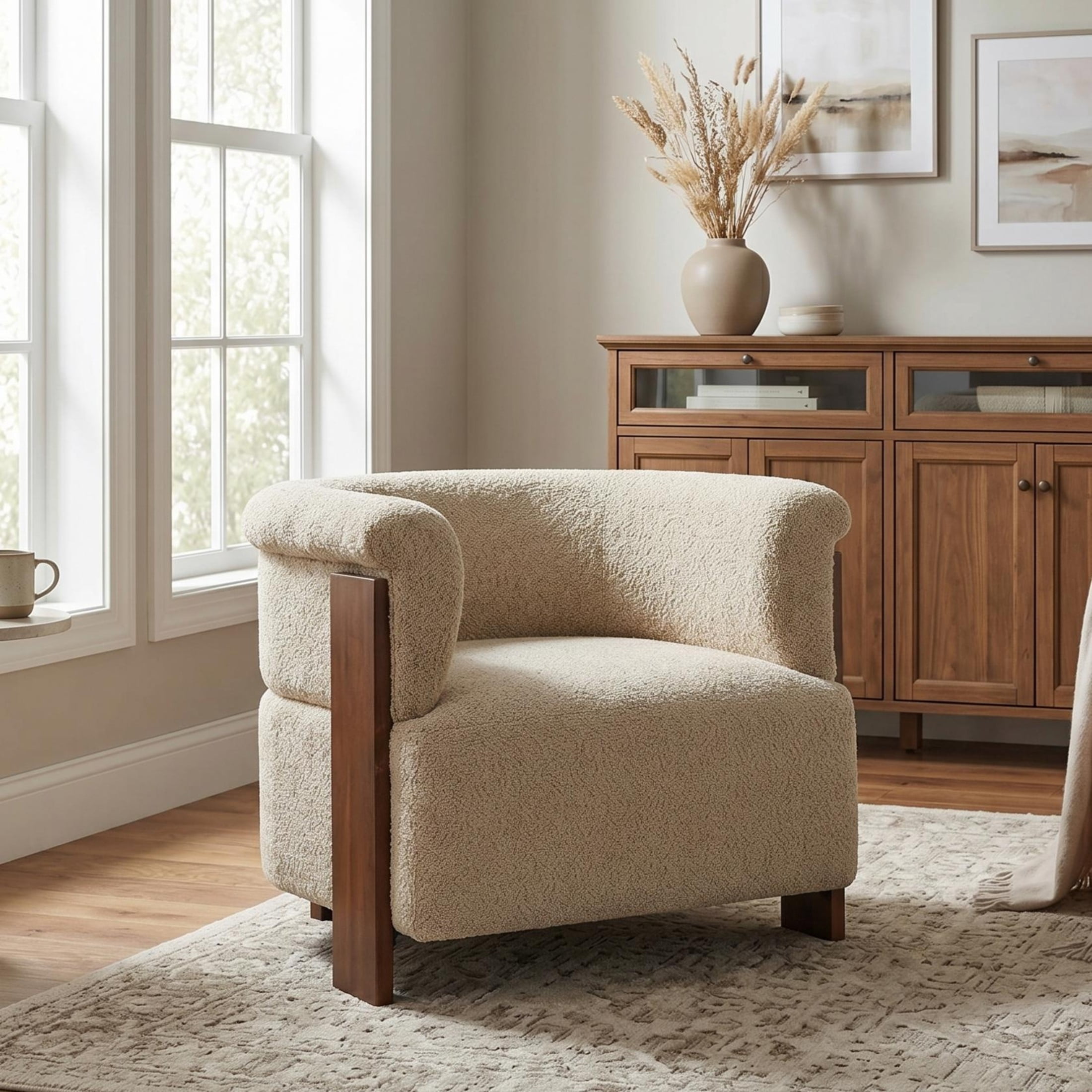 Christopher Knight Home Mid-Century Curved Upholstered Barrel Accent Chair with Wooden Legs, Brown