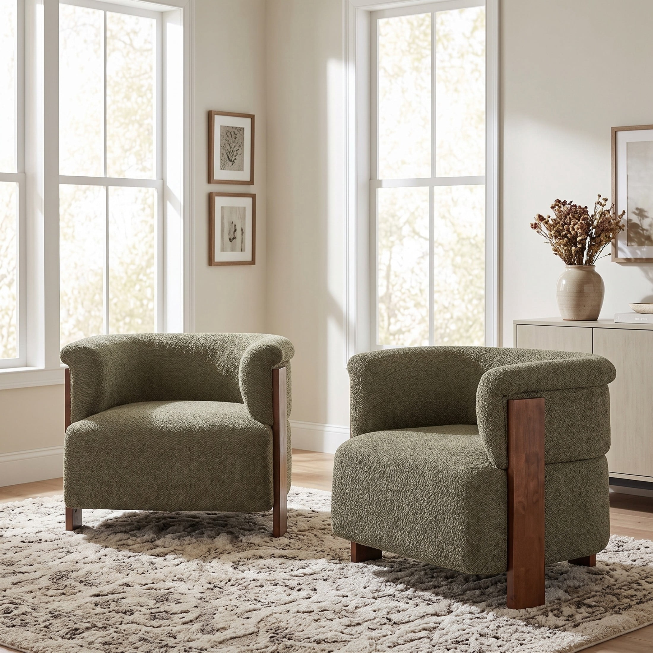 Christopher Knight Home Mid-Century Curved Upholstered Barrel Accent Chair with Wooden Legs, Green, Set of 2