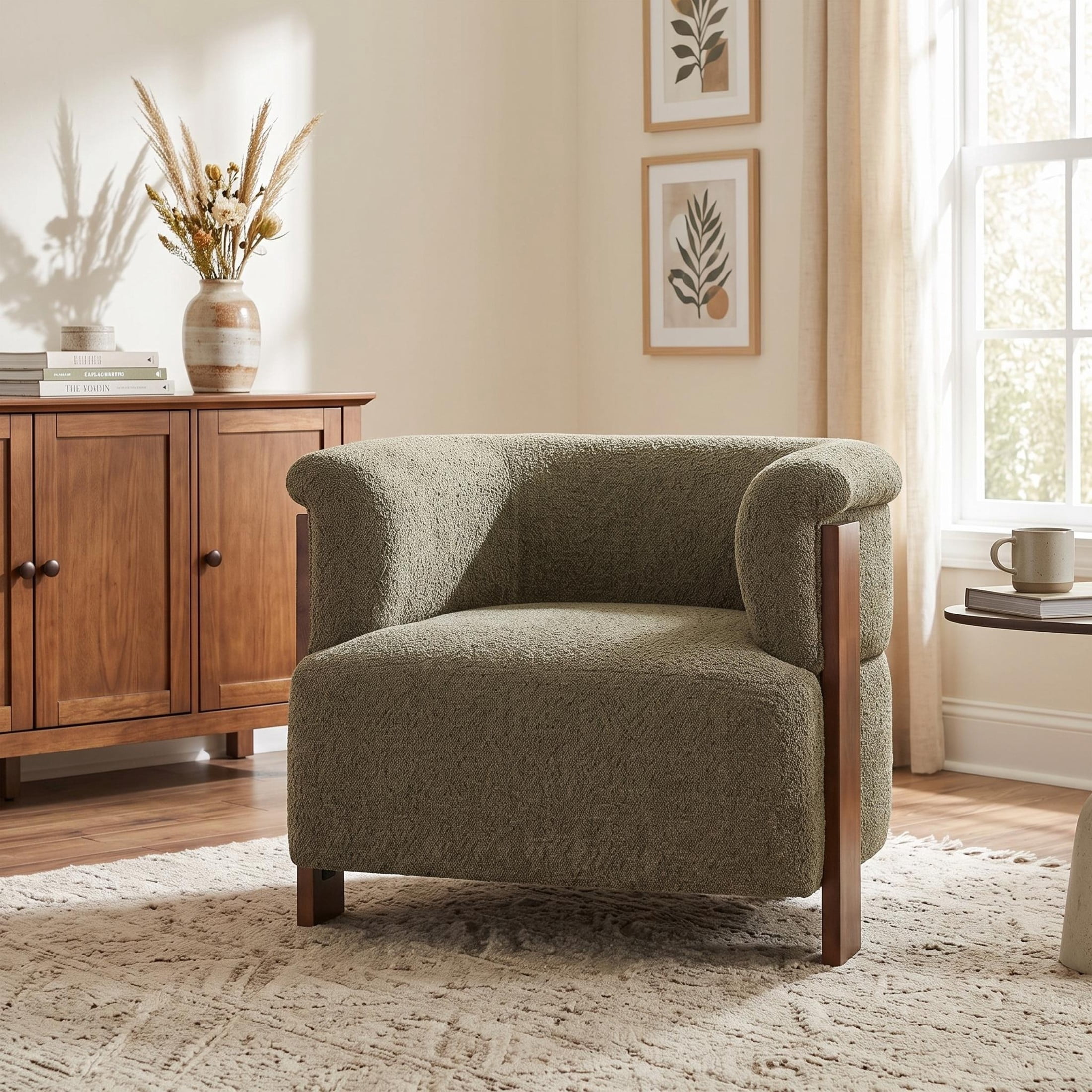 Christopher Knight Home Mid-Century Curved Upholstered Barrel Accent Chair with Wooden Legs, Green