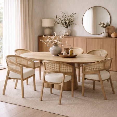 Christopher Knight Home Mid-Century Dining Chairs, Upholstered Seats, Rattan Cane Back, Natural, Set of 6