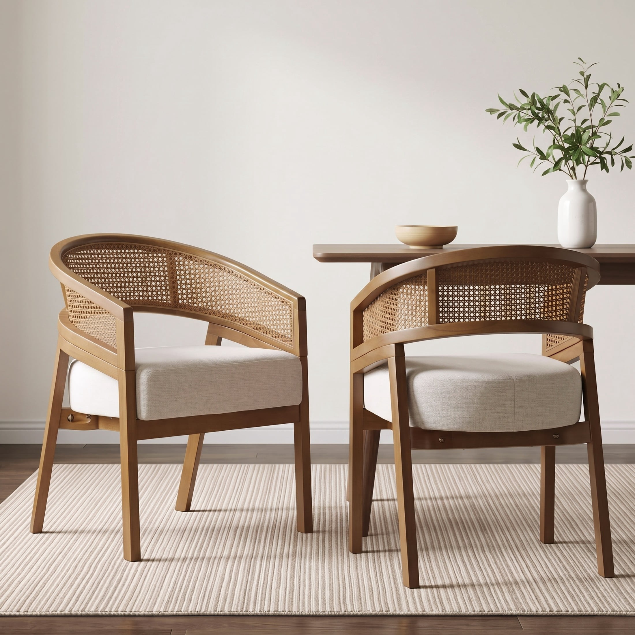 Christopher Knight Home Mid-Century Dining Chairs, Upholstered Seats, Rattan Cane Back, Walnut, Set of 2