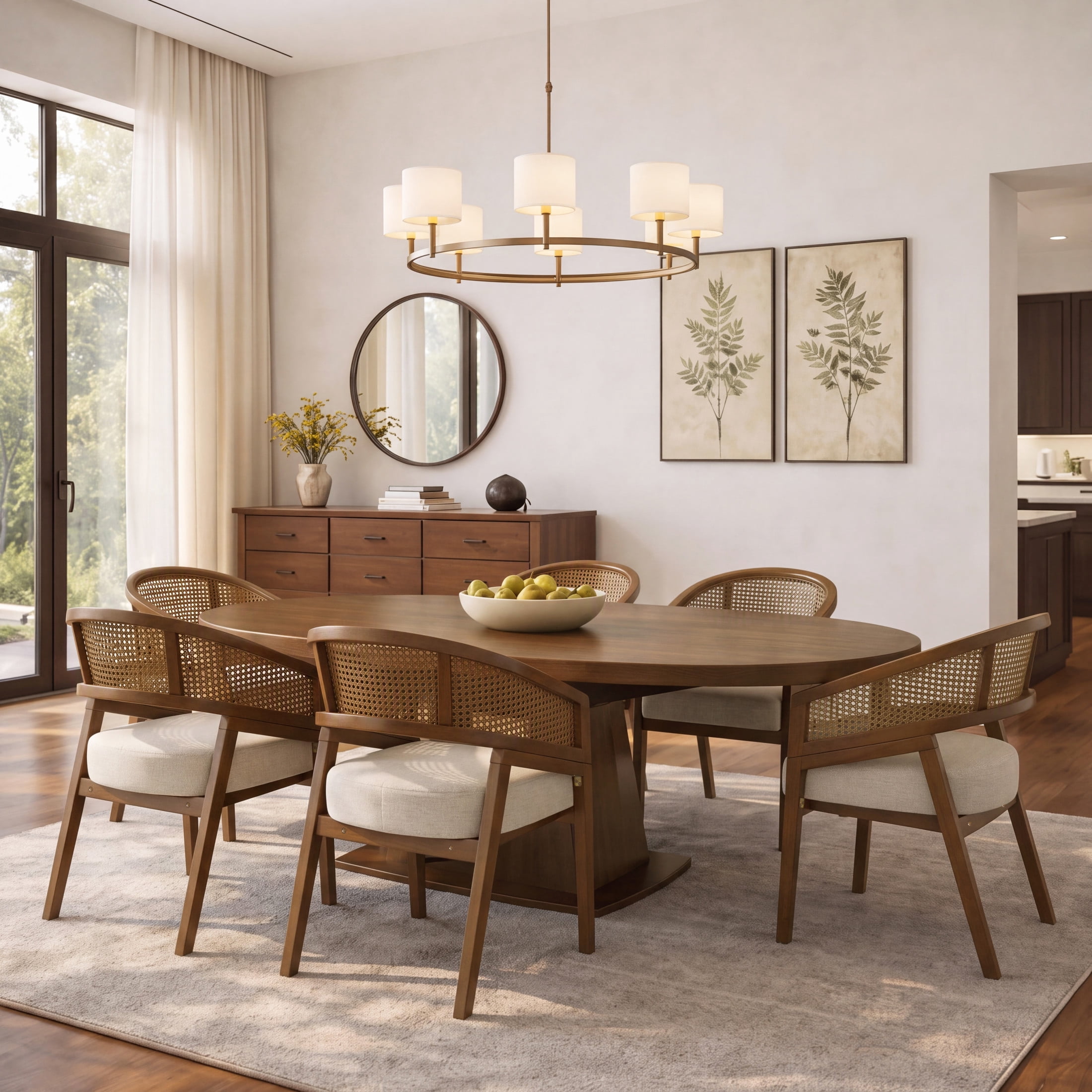 Christopher Knight Home Mid-Century Dining Chairs, Upholstered Seats, Rattan Cane Back, Walnut, Set of 6
