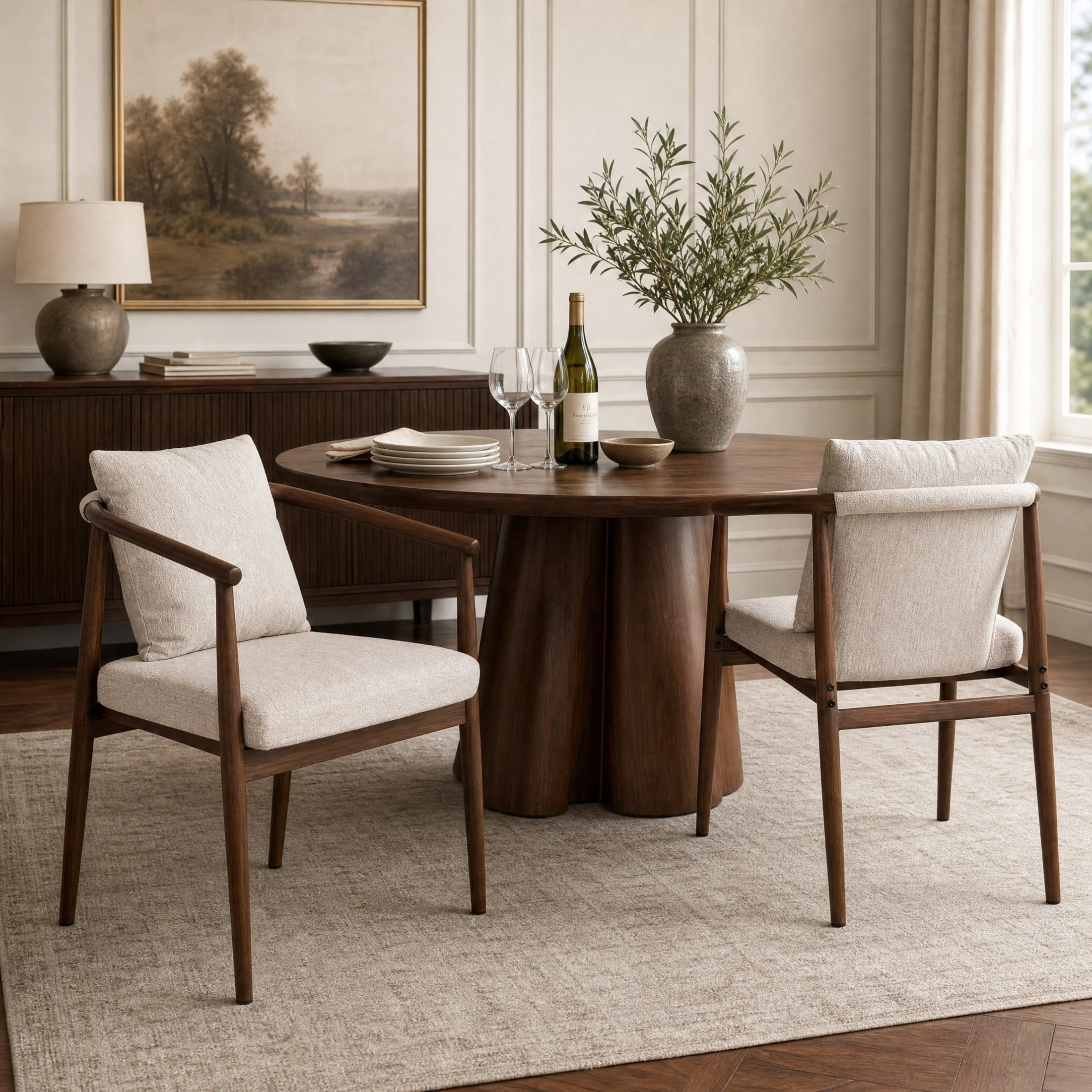 Christopher Knight Home Mid-Century Dining Chairs with Seat & Back Cushion, Iron Frame, Walnut+Beige, Set of 2
