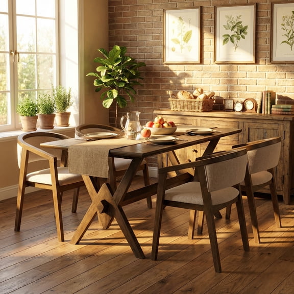 Christopher Knight Home Mid Century Dining Set for 4, Khaki Boucle Armchairs with 63" Walnut Wood Table