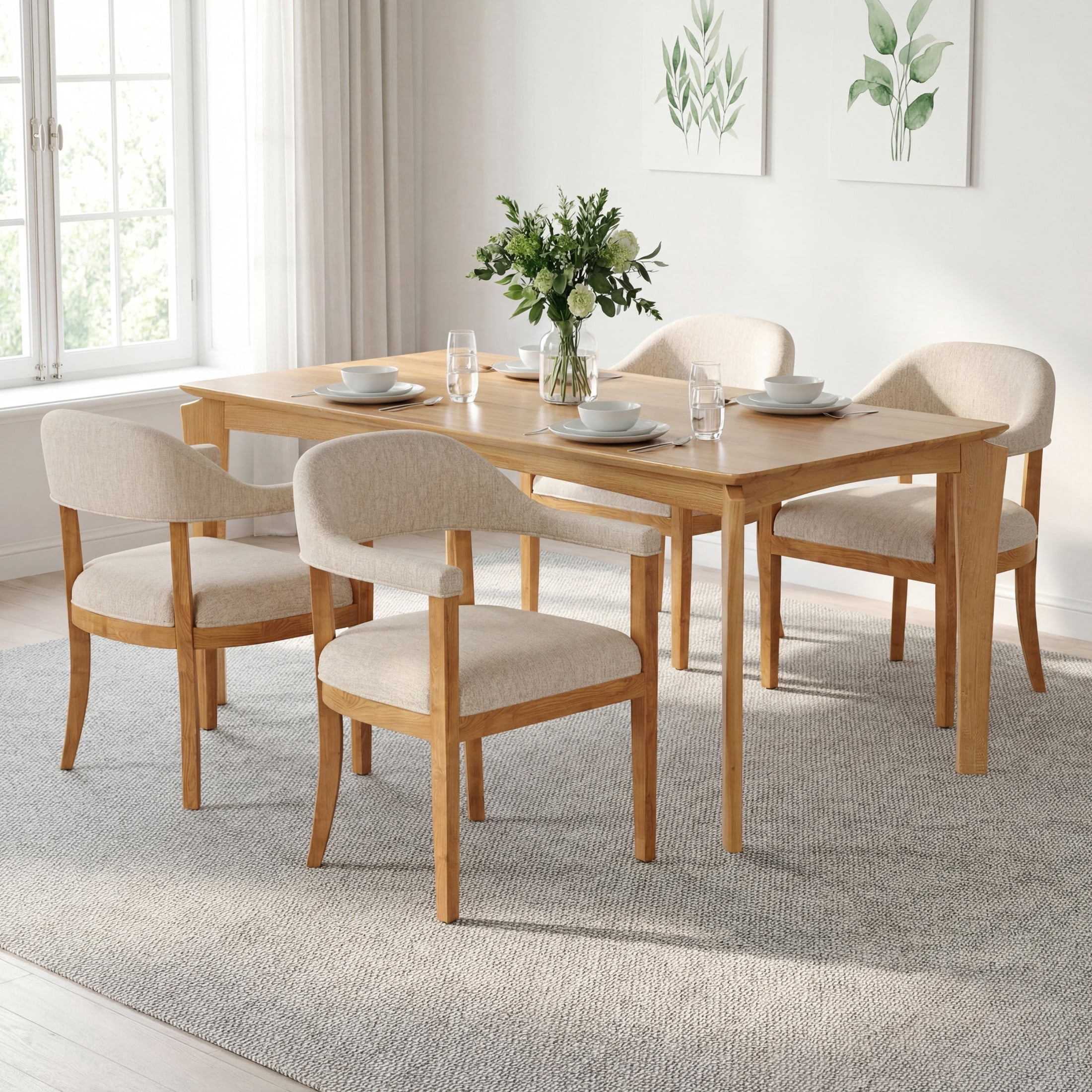 Christopher Knight Home Mid Century Dining Set for 4, Wood Table with Upholstered Arm Chairs, Natural+Beige