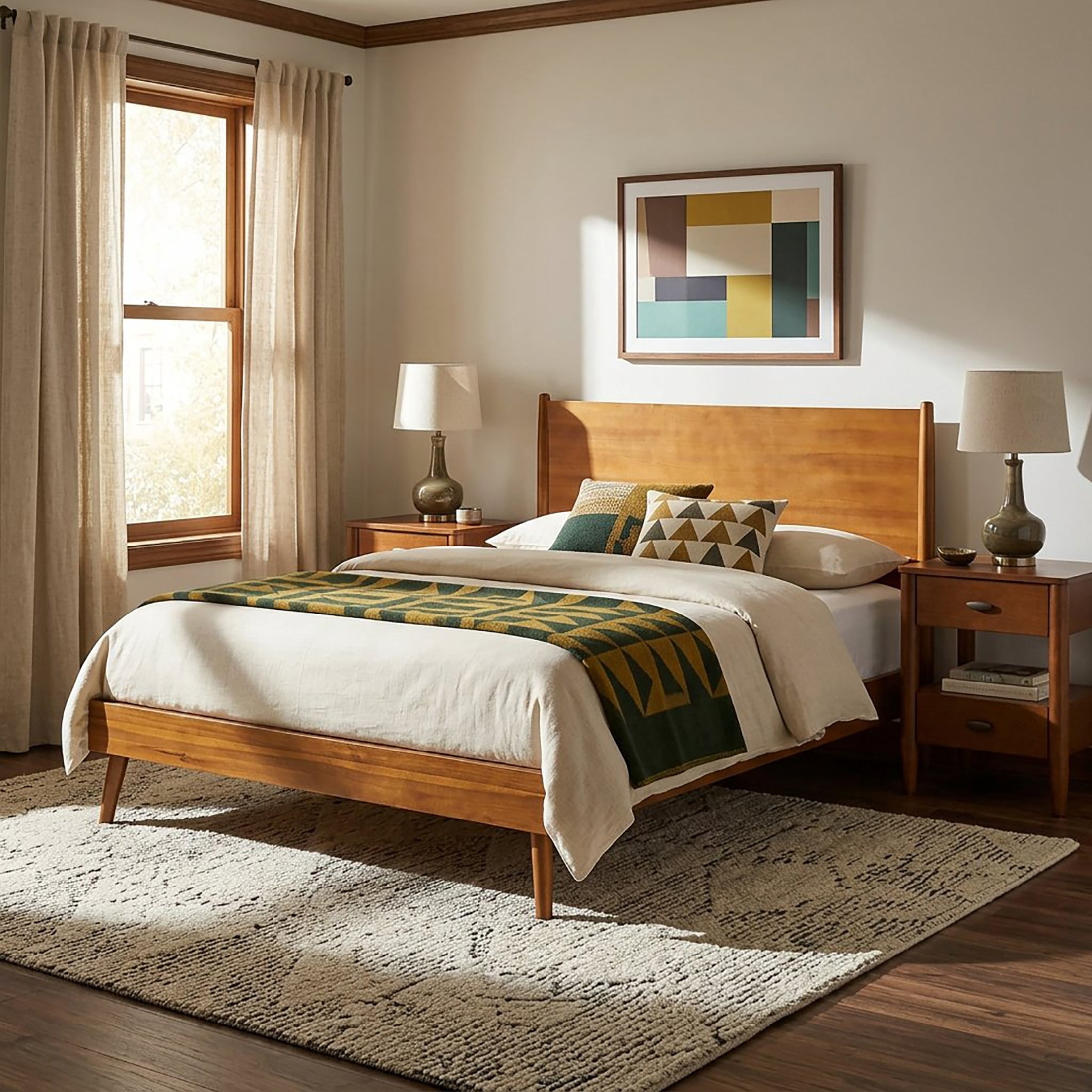 Christopher Knight Home Mid-Century Full Bedroom Furniture Set, Solid Wood Bed with 2 Nightstands, Natural+Walnut