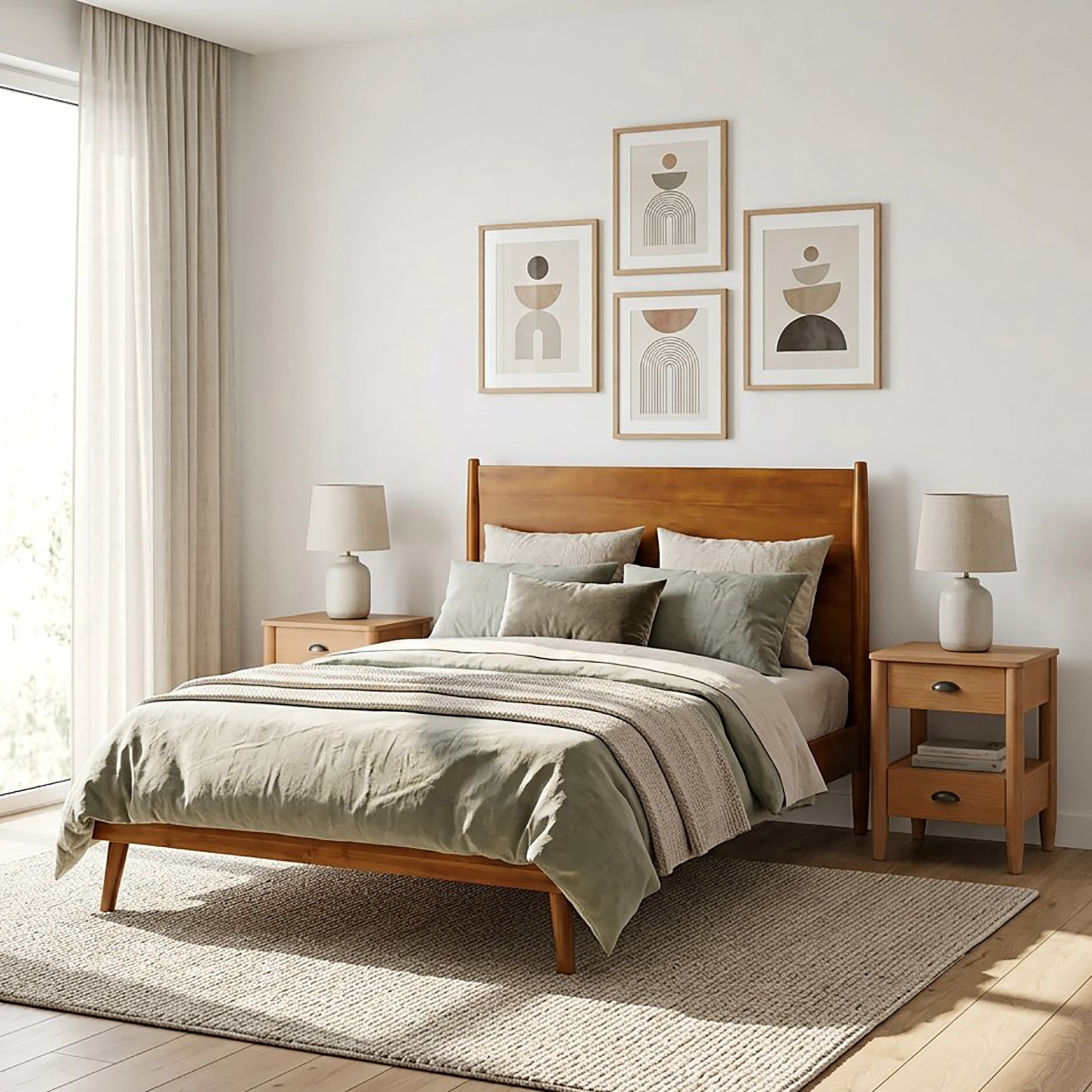 Christopher Knight Home Mid-Century Full Bedroom Furniture Set, Solid Wood Bed with 2 Nightstands, Natural