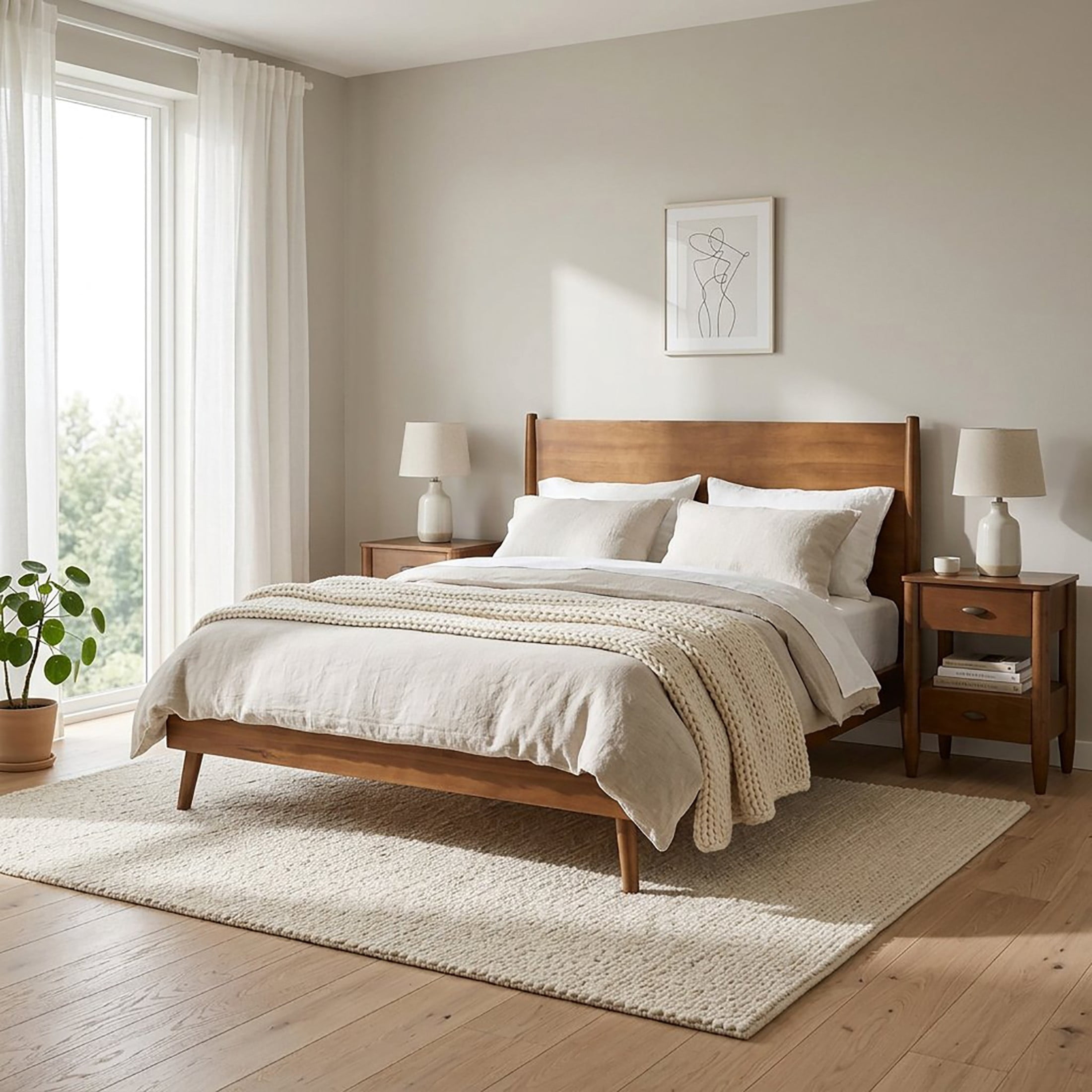 Christopher Knight Home Mid-Century King Bedroom Furniture Set, Solid Wood Bed with 2 Nightstands, Natural+Walnut