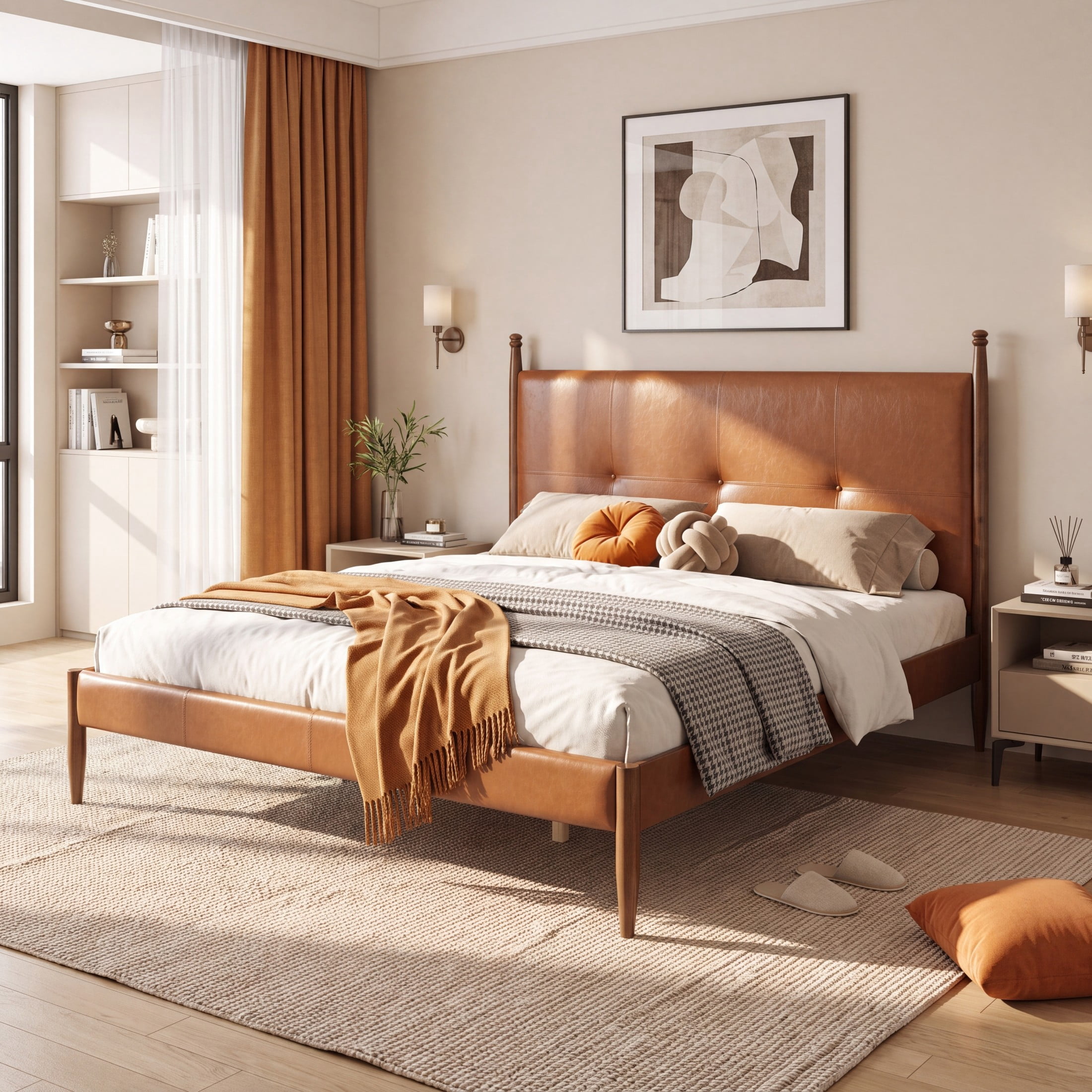 Christopher Knight Home Mid-Century King PU Upholstered Platform Bed with Tufted Headboard, Brown