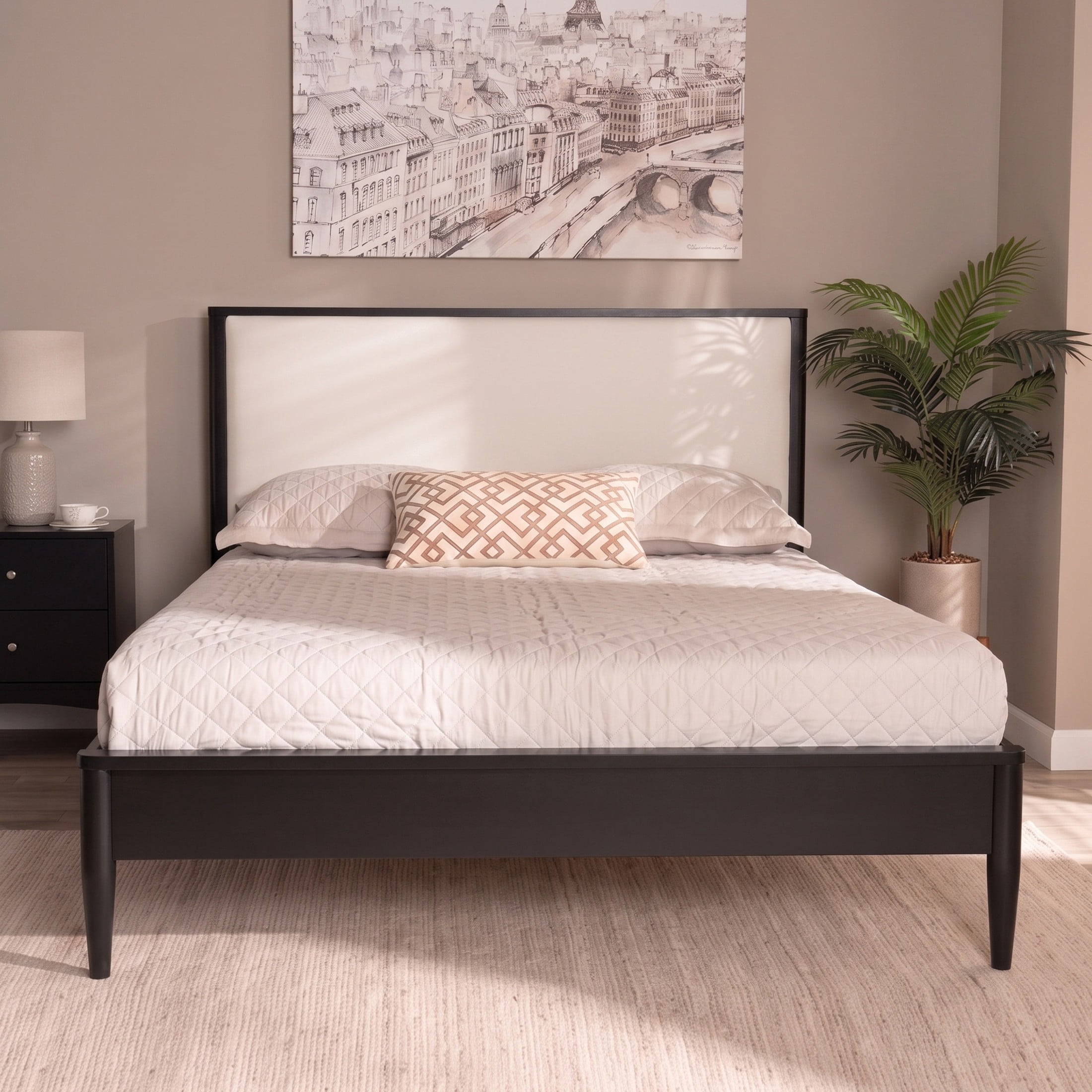 Christopher Knight Home Mid-Century King Platform Bed Frame with Boucle Upholstered Headboard, Black