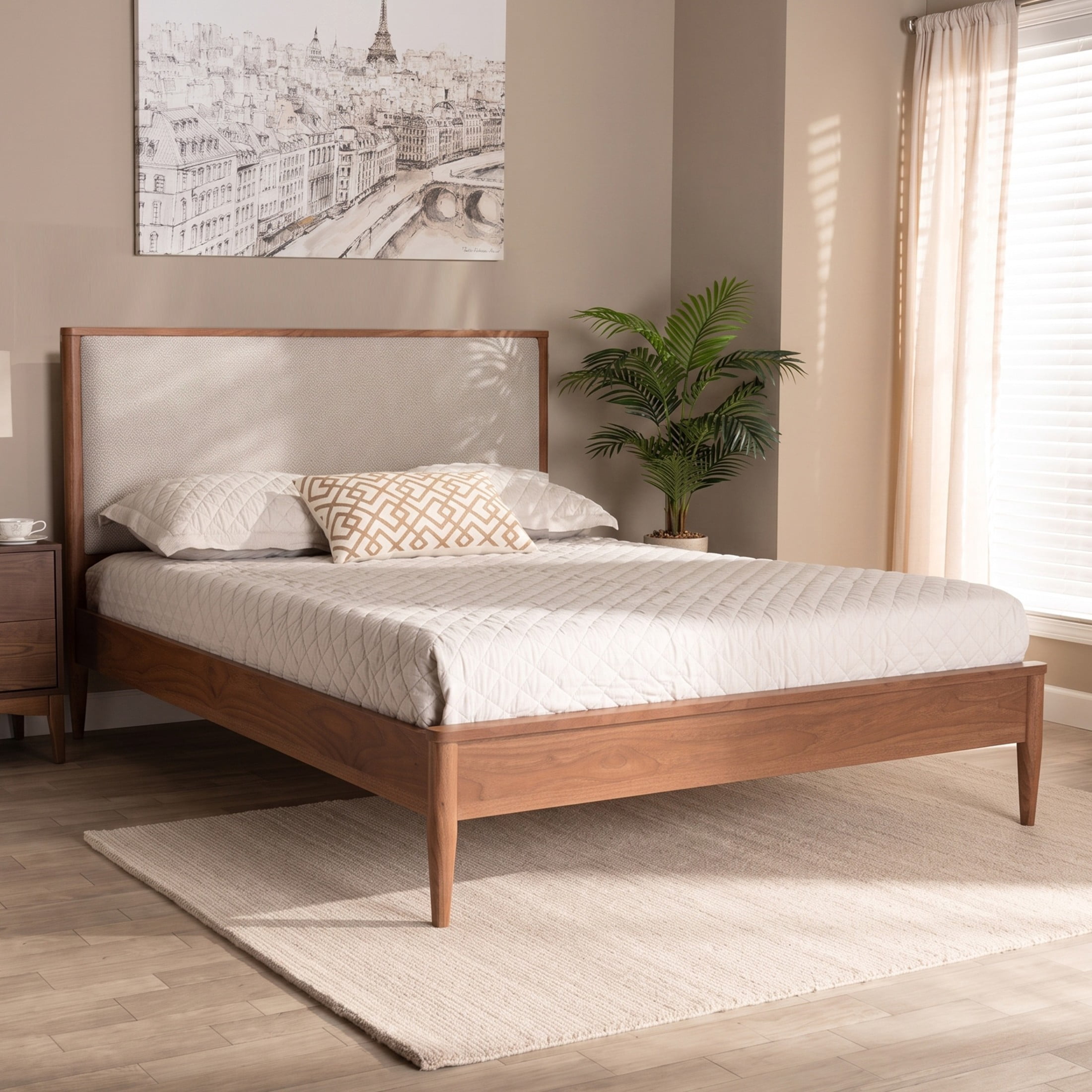 Christopher Knight Home Mid-Century King Platform Bed Frame with Boucle Upholstered Headboard, Walnut