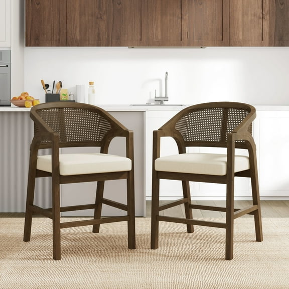 Christopher Knight Home Mid-Century Modern 24" Counter Stools, Cane Backs, Solid Wood, Beige+Walnut, Set of 2