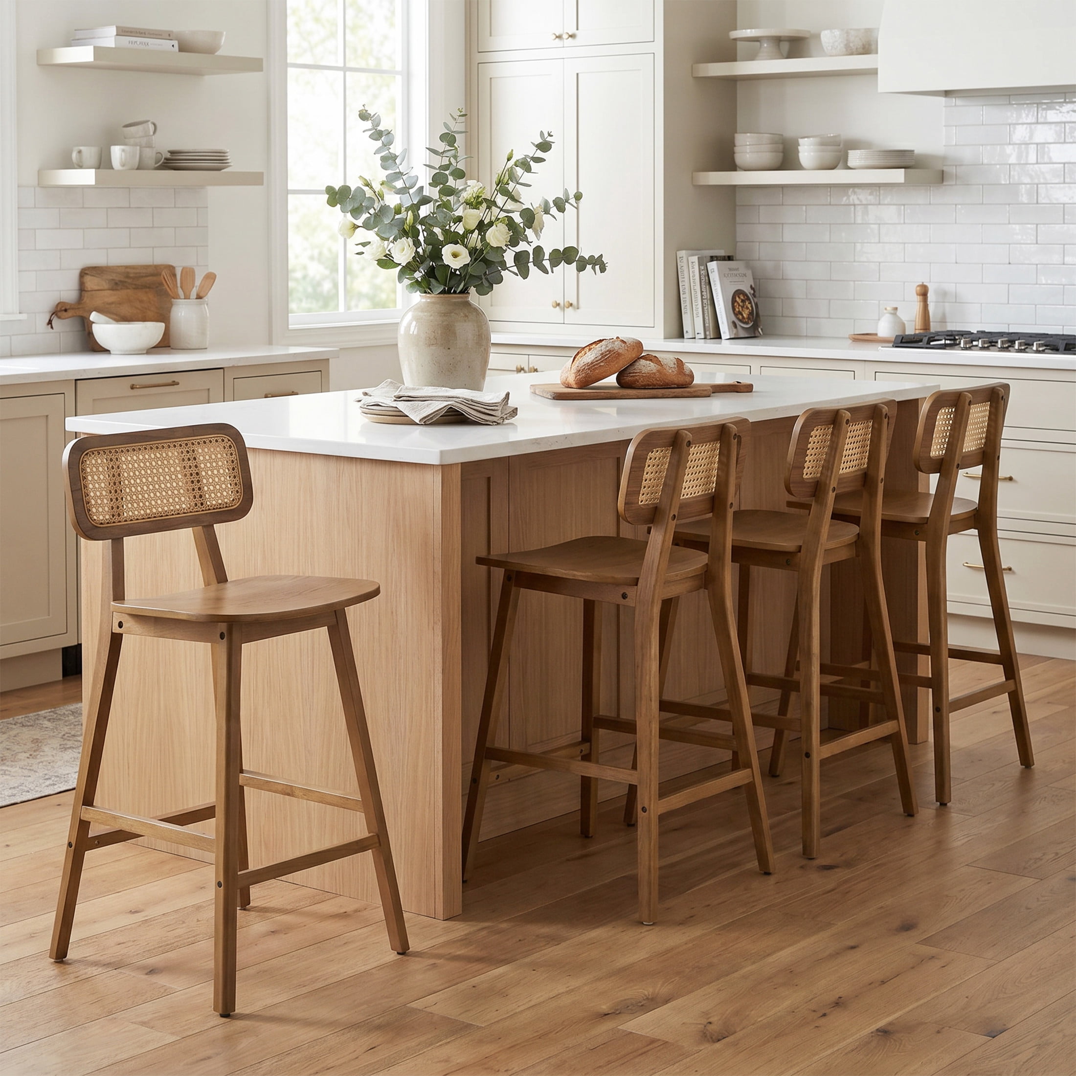 Christopher Knight Home Mid-Century Modern 25.75" Barstools, Rattan Backrest, Solid Wood Frame, Walnut, Set of 4