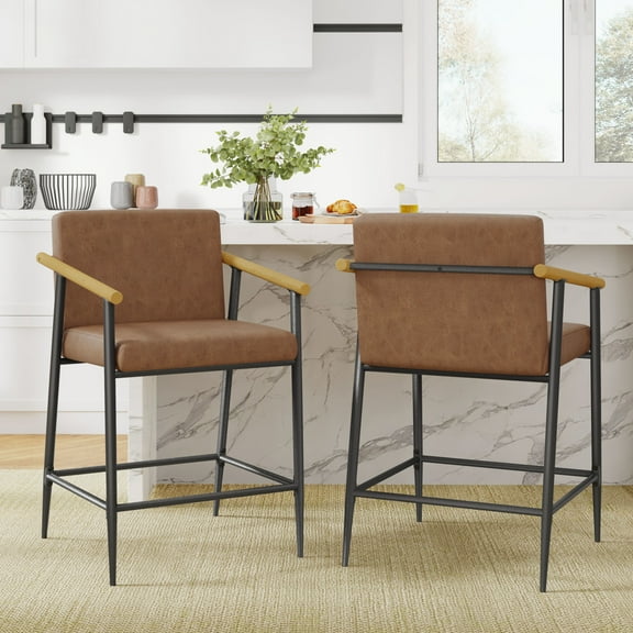 Christopher Knight Home Mid-Century Modern 26" Counter Height Stools, Metal Frame, Wood Armrests, Brown Cushion, Set of 2