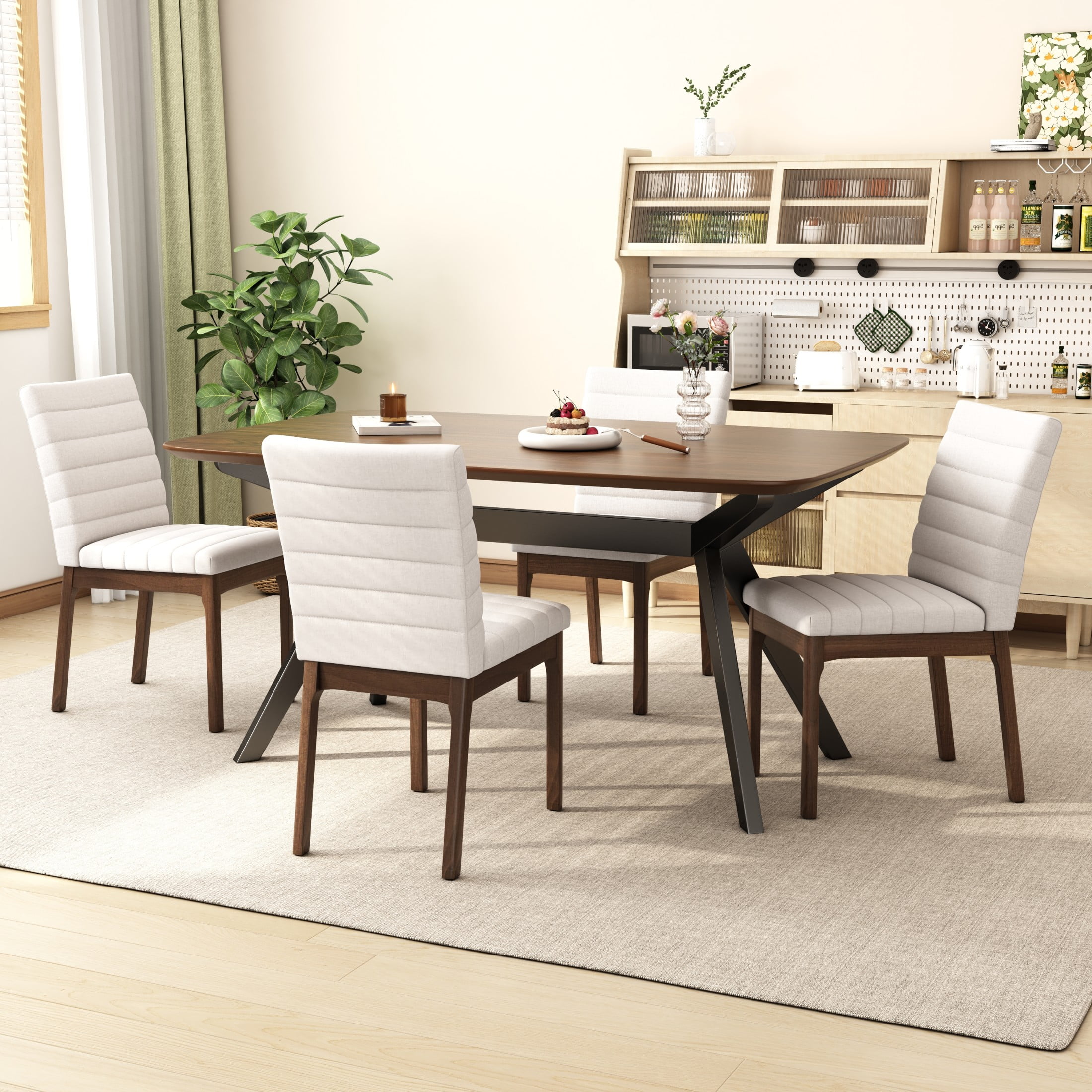 Christopher Knight Home Mid-Century Modern 5-Piece Dining Set with 4 Upholstered Chairs, Wood Frame, Light Beige