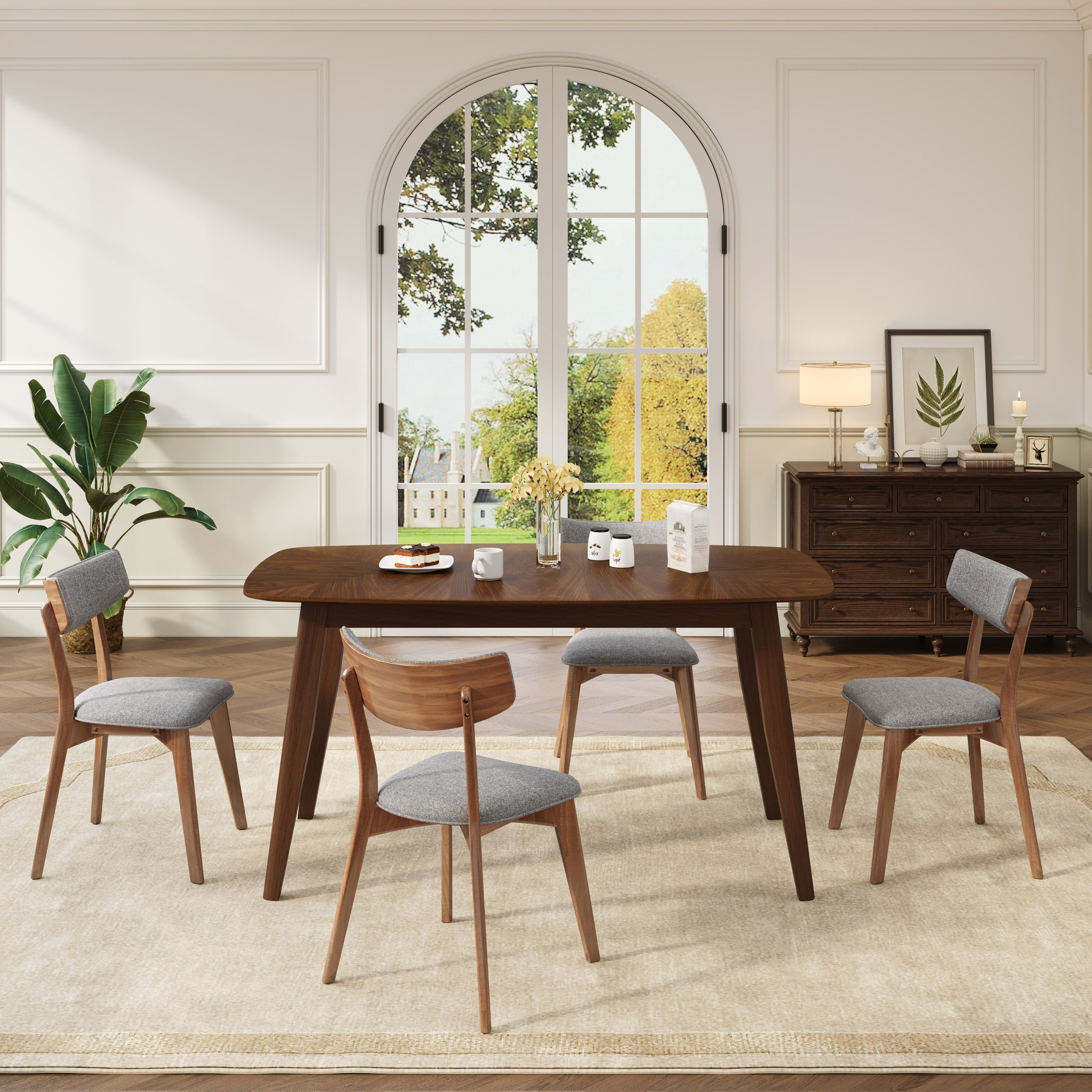 Christopher Knight Home Mid Century Modern 5-Piece Dining Set with Curved Table and 4 Chairs, Grey Cushions