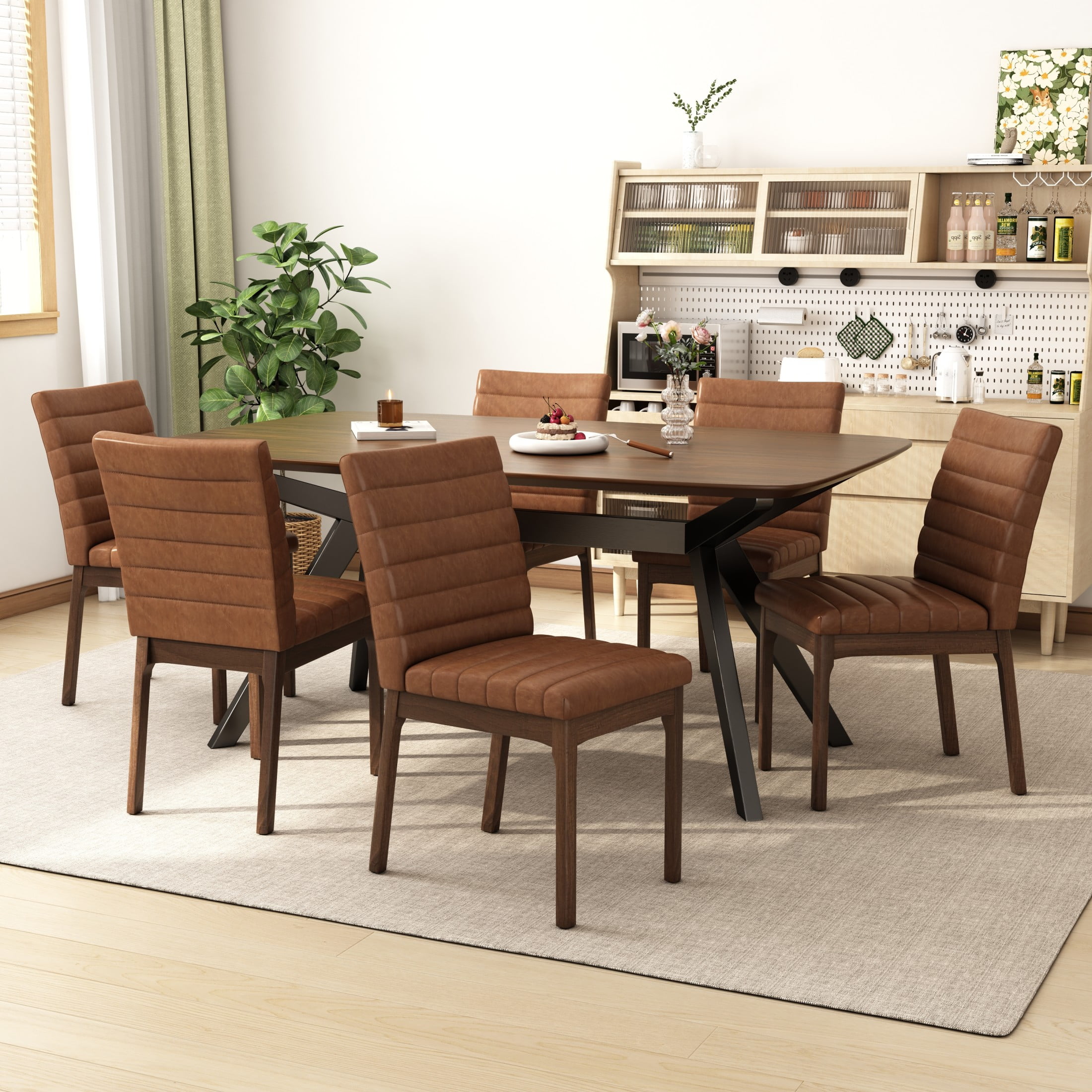 Christopher Knight Home Mid-Century Modern 7-Piece Dining Set with 6 PU Upholstered Chairs, Wood Frame, Cognac