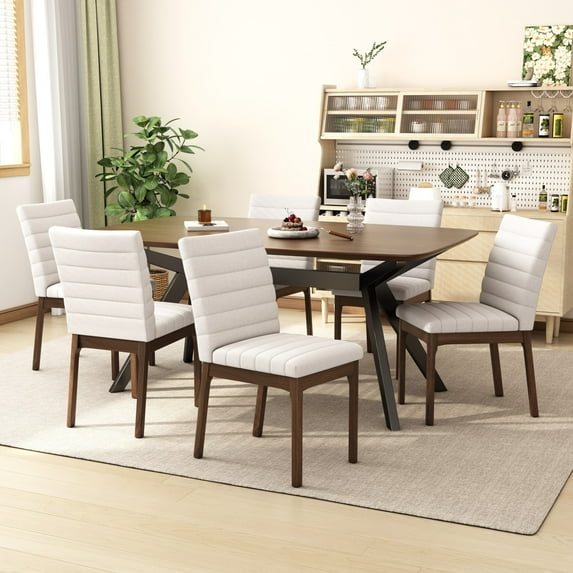 Christopher Knight Home Mid-Century Modern 7-Piece Dining Set with 6 Upholstered Chairs, Wood Frame, Light Beige