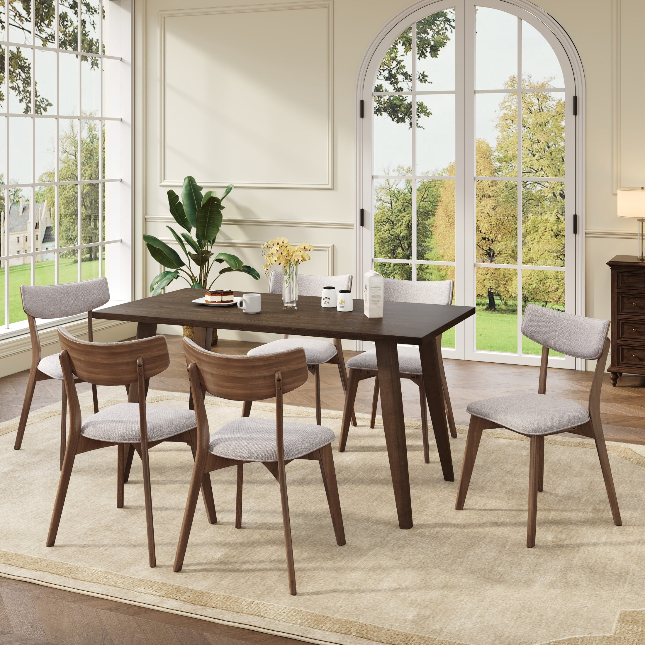 Christopher Knight Home Mid Century Modern 7-Piece Dining Set with Rectangular Table and 6 Chairs, Beige Cushions