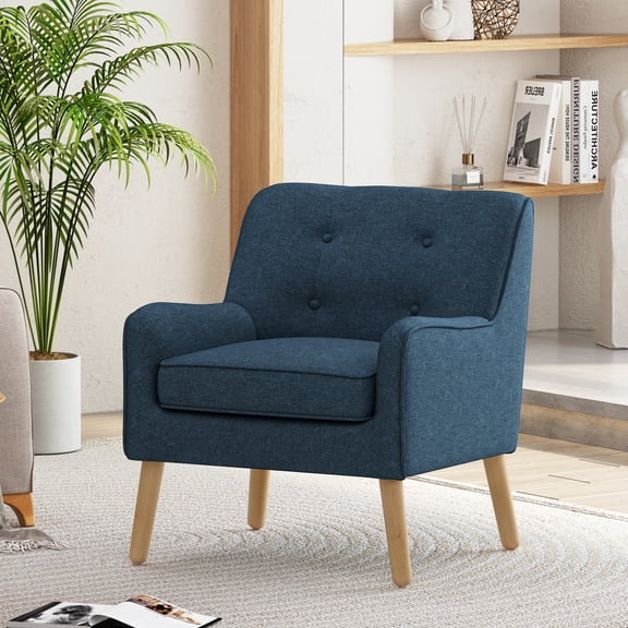 Christopher Knight Home Mid-Century Modern Accent Armchair, Hand-Tufted Back, Solid Wood Legs, Navy Blue