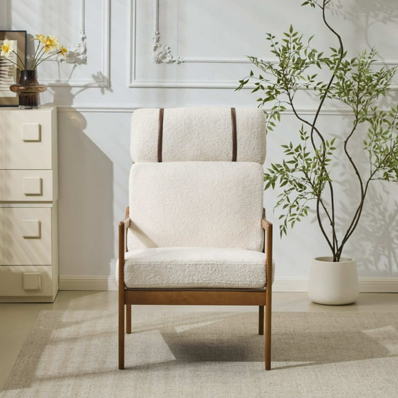 Christopher Knight Home Mid-Century Modern Accent Chair, Solid Wood Frame with High Back, Beige Boucle Cushions