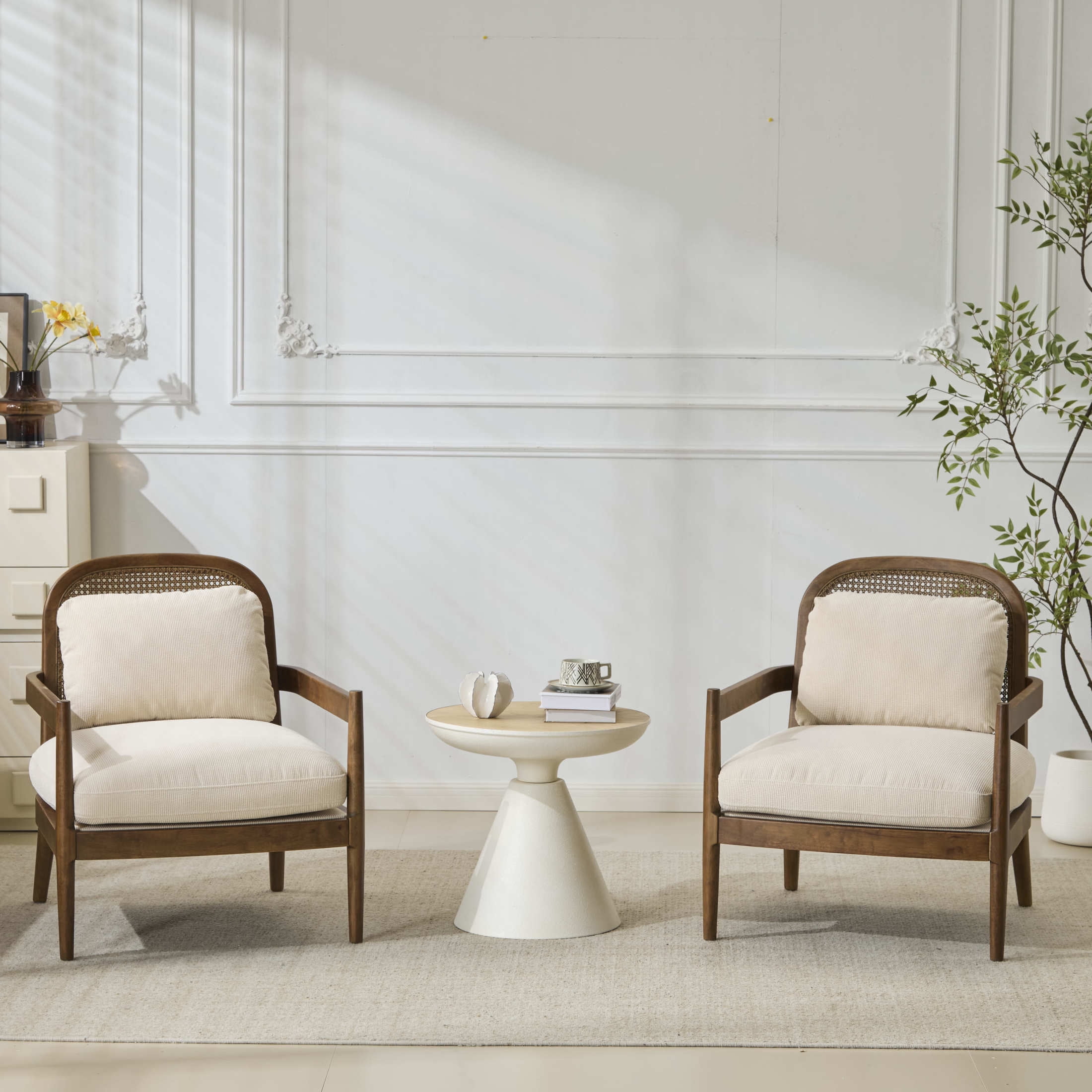 Christopher Knight Home Mid-Century Modern Accent Chairs, Wood Frame with Rattan Backrest, Beige Stripe Cushions, Set of 2 - Walmart.com