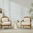 thumbnail image 1 of Christopher Knight Home Mid-Century Modern Accent Chairs, Wood Frame with Rattan Backrest, Ivory Stripe Cushions, Set of 2, 1 of 8