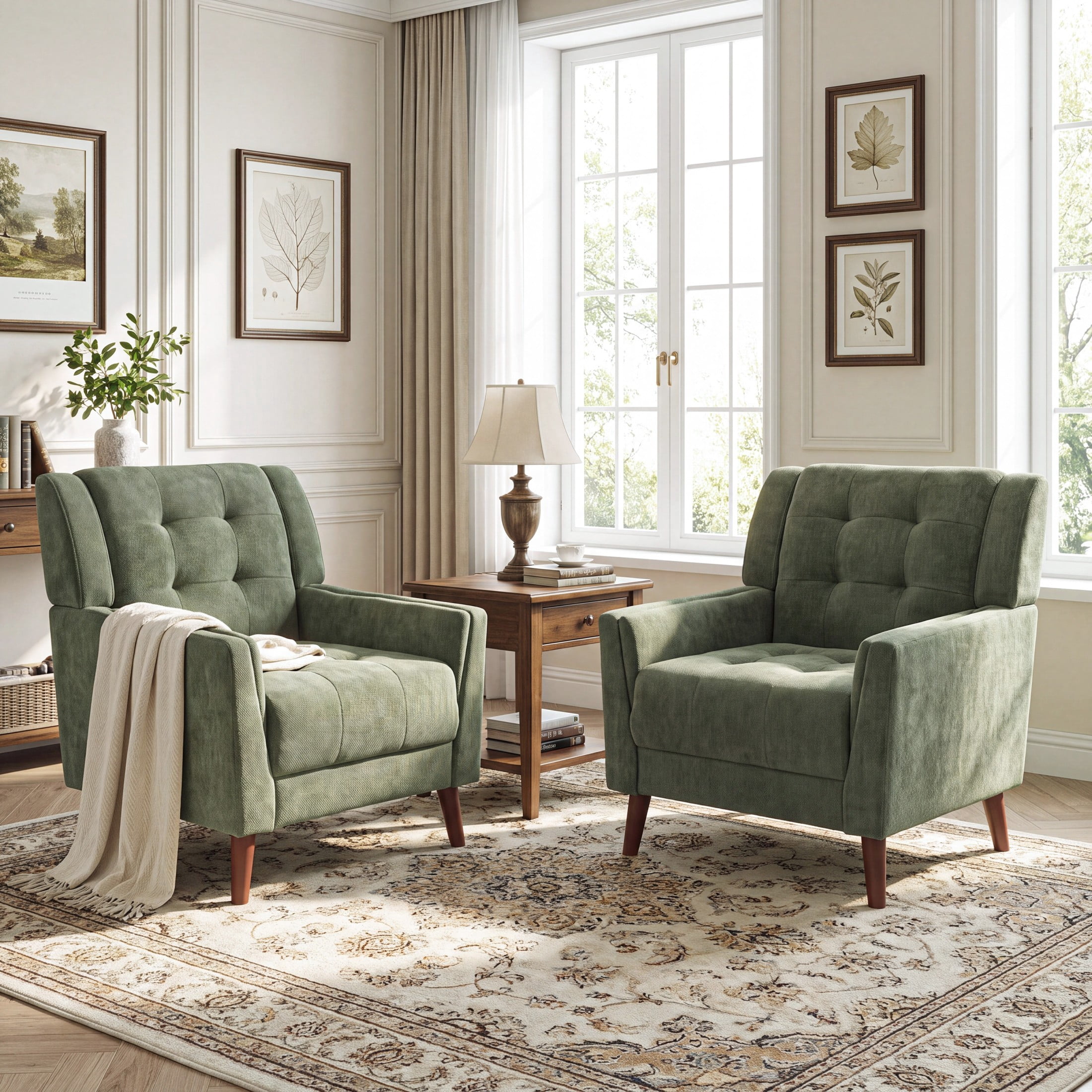 Christopher Knight Home Mid-Century Modern Armchair, Tufted Chenille Upholstery & Rubberwood Legs, Green, Set of 2