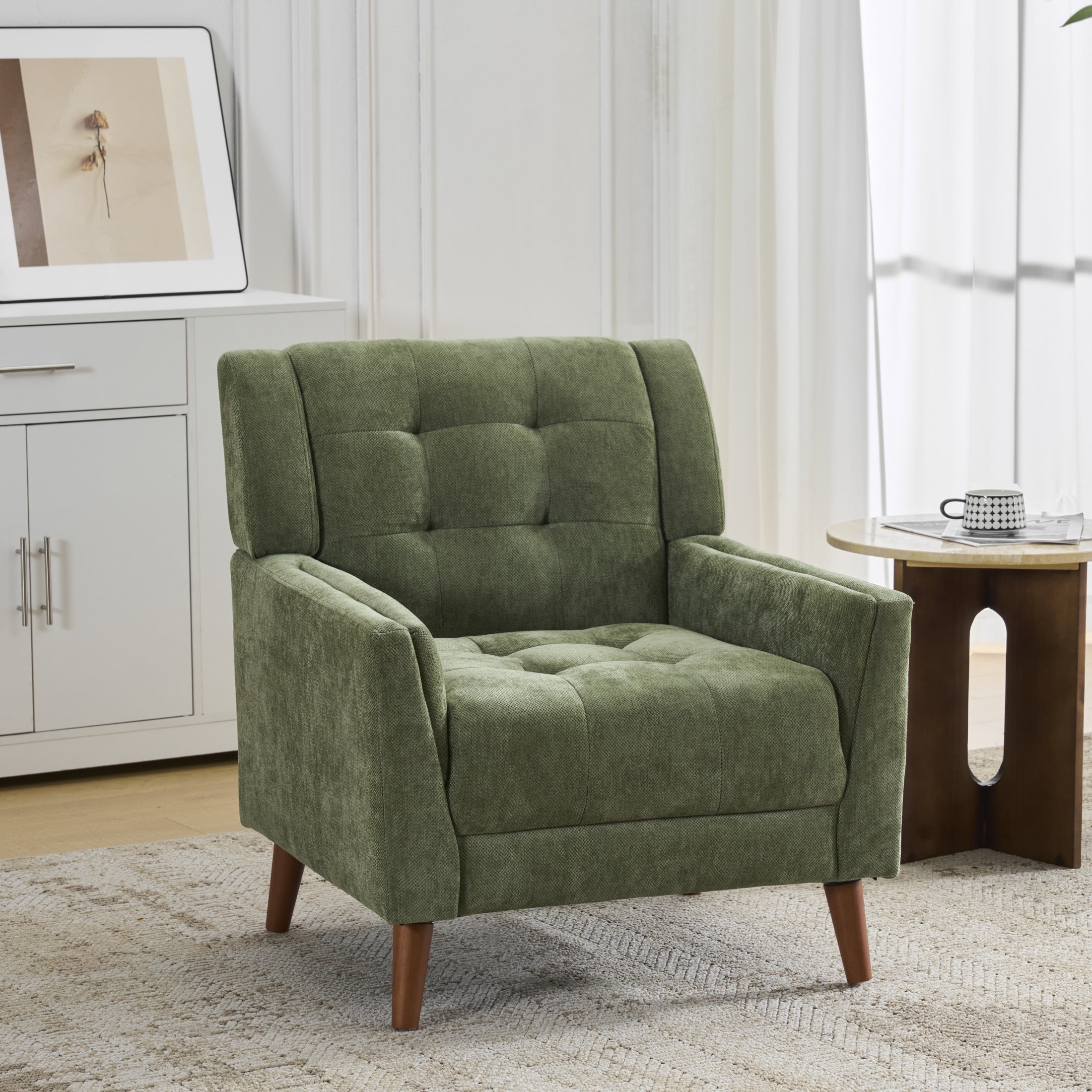 Christopher Knight Home Mid-Century Modern Armchair, Tufted Chenille Upholstery & Rubberwood Legs, Green