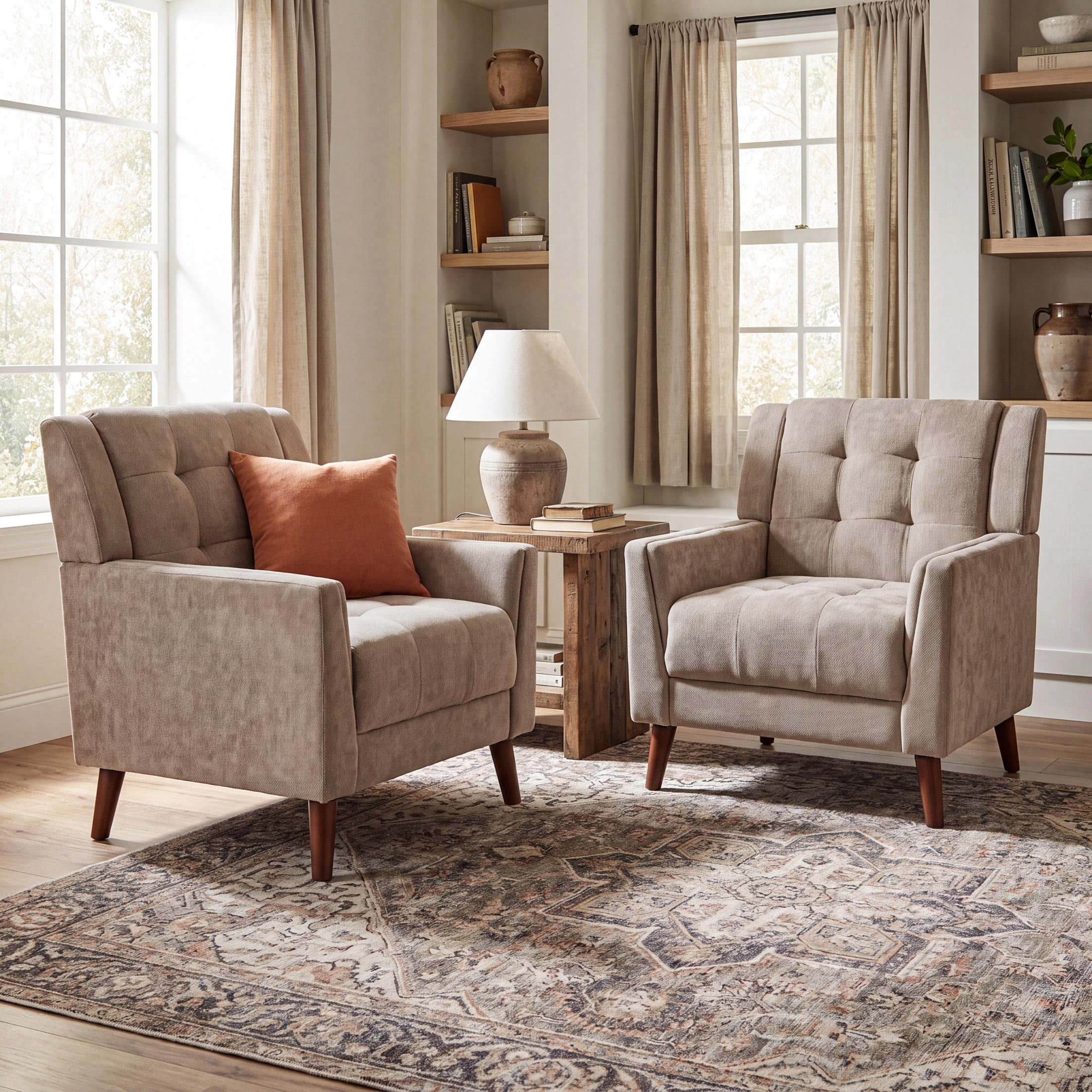 Christopher Knight Home Mid-Century Modern Armchair, Tufted Chenille Upholstery & Rubberwood Legs, Light Brown, Set of 2