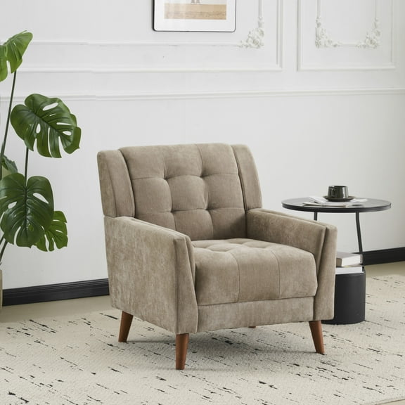 Christopher Knight Home Mid-Century Modern Armchair, Tufted Chenille Upholstery & Rubberwood Legs, Light Brown