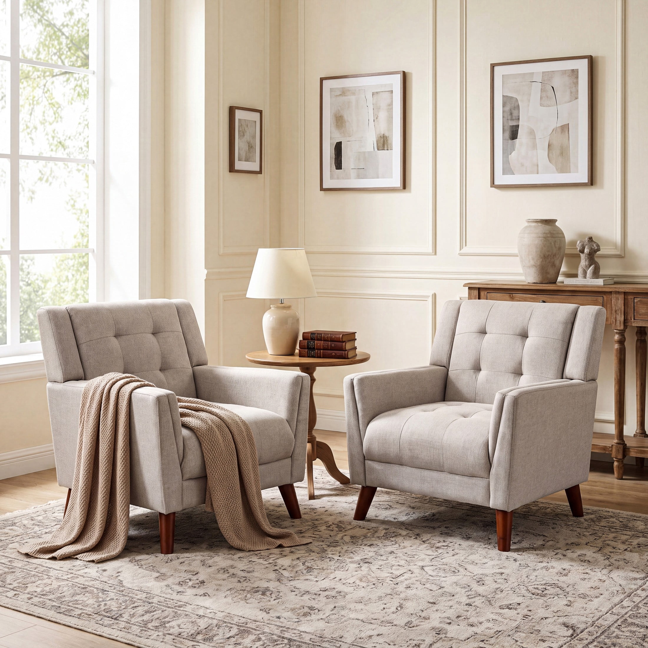 Christopher Knight Home Mid-Century Modern Armchair, Tufted Fabric Upholstery & Rubberwood Legs, Beige, Set of 2
