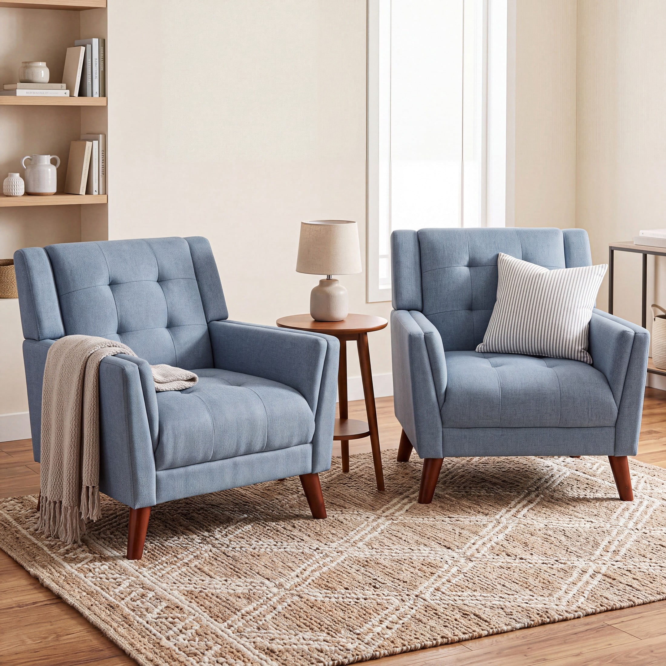 Christopher Knight Home Mid-Century Modern Armchair, Tufted Fabric Upholstery & Rubberwood Legs, Blue, Set of 2