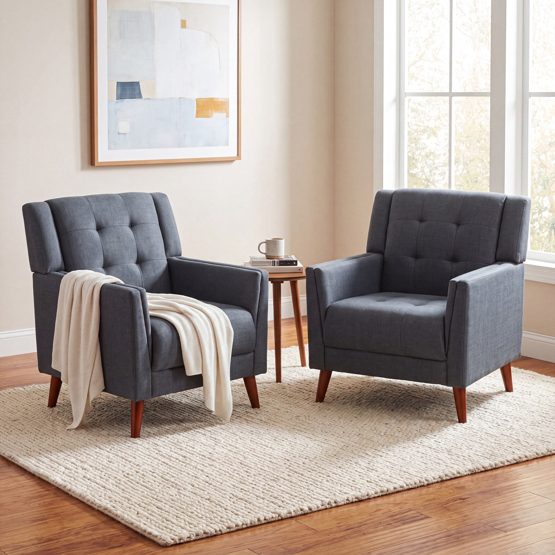 Christopher Knight Home Mid-Century Modern Armchair, Tufted Fabric Upholstery & Rubberwood Legs, Dark Gray, Set of 2