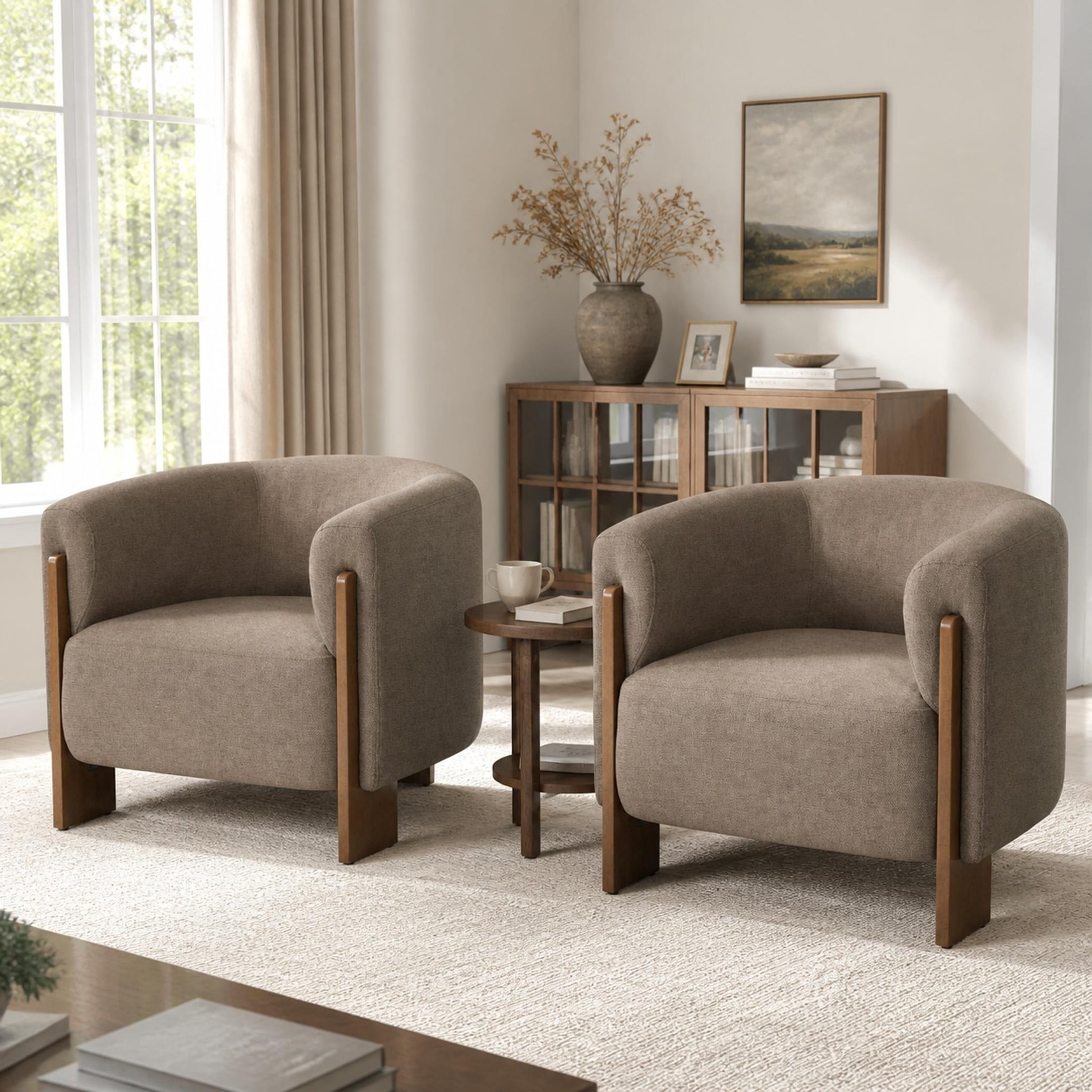Christopher Knight Home Mid-Century Modern Barrel Accent Chair, Chenille Upholstery, Wood Legs, Brown, Set of 2