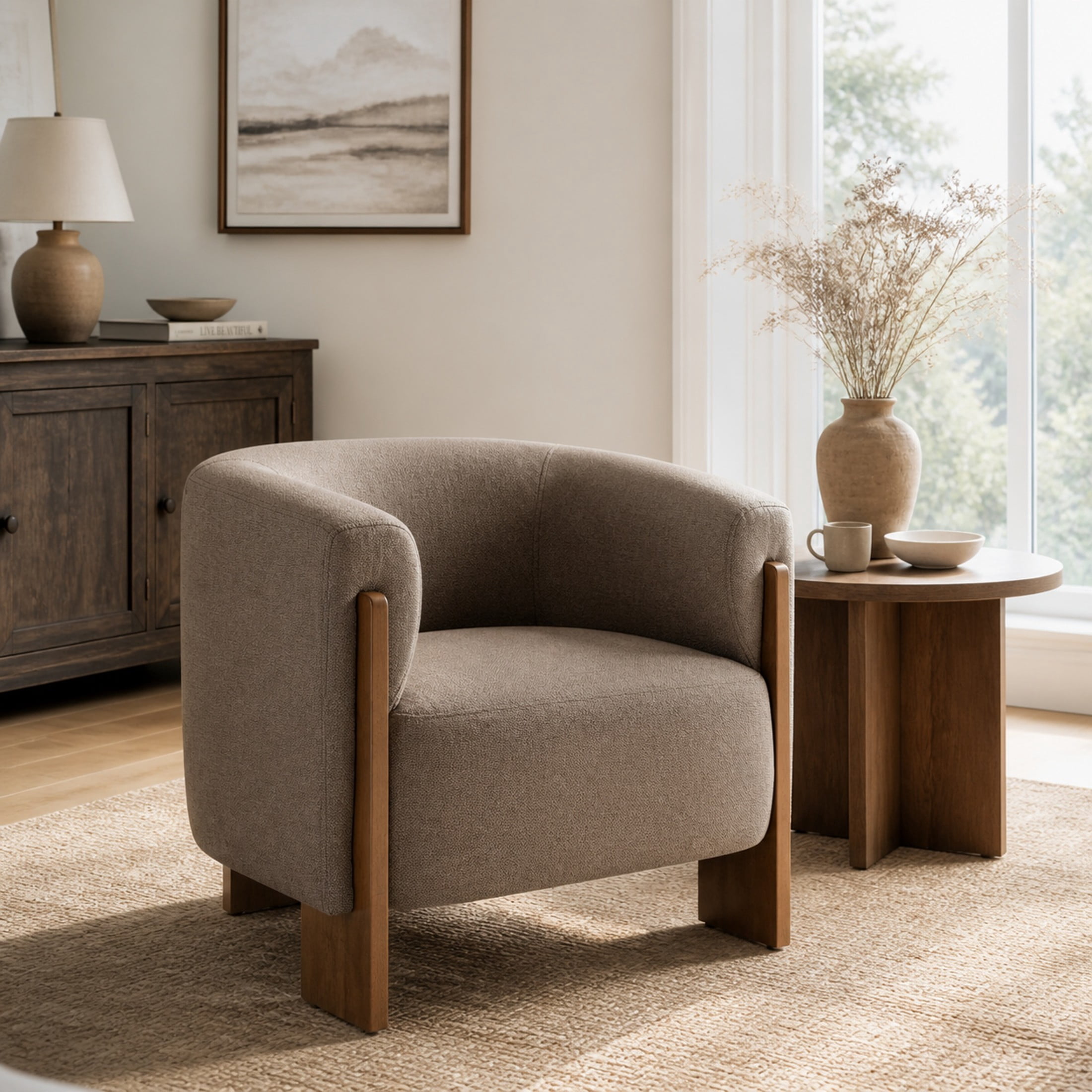 Christopher Knight Home Mid-Century Modern Barrel Accent Chair, Chenille Upholstery, Wood Legs, Brown