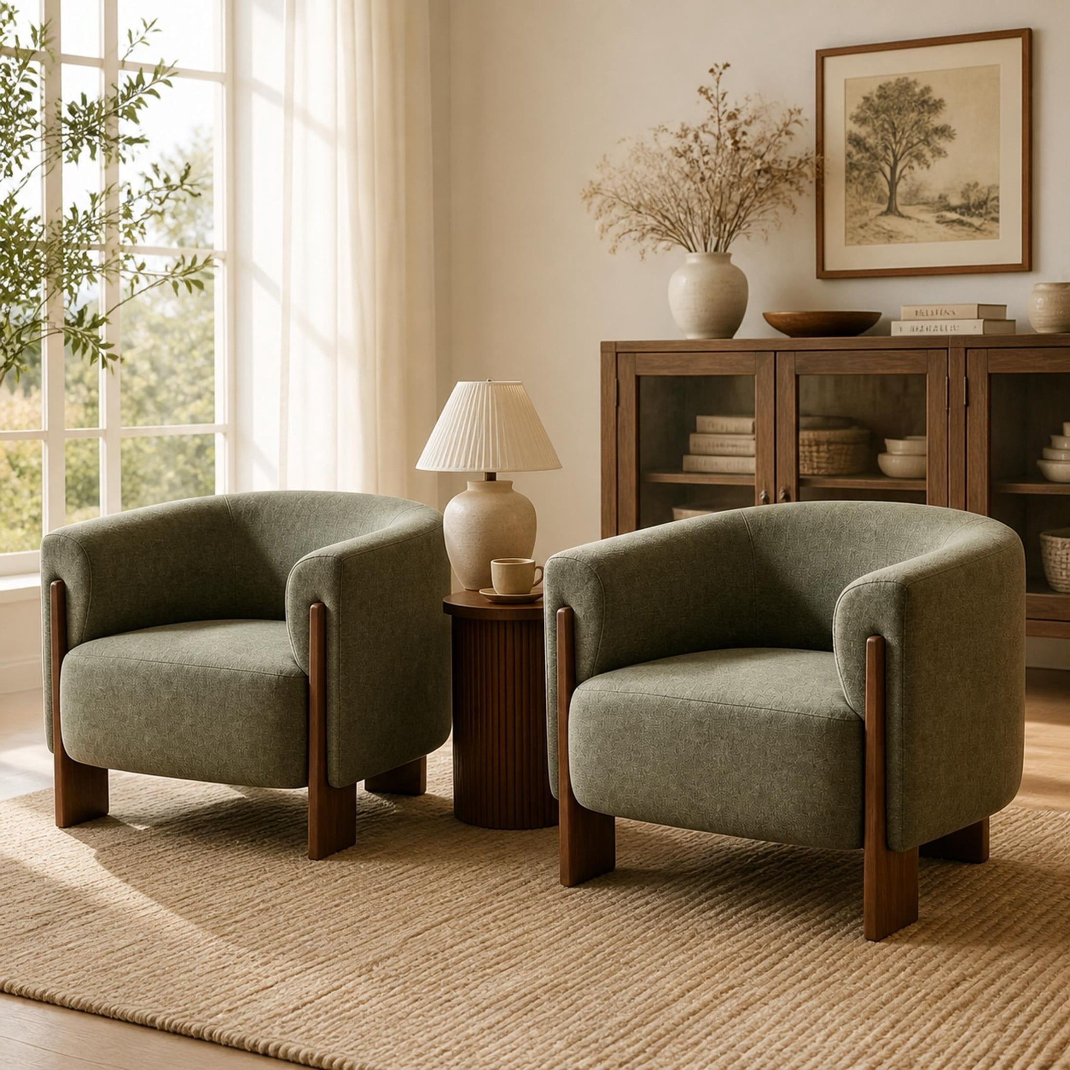 Christopher Knight Home Mid-Century Modern Barrel Accent Chair, Chenille Upholstery, Wood Legs, Green, Set of 2