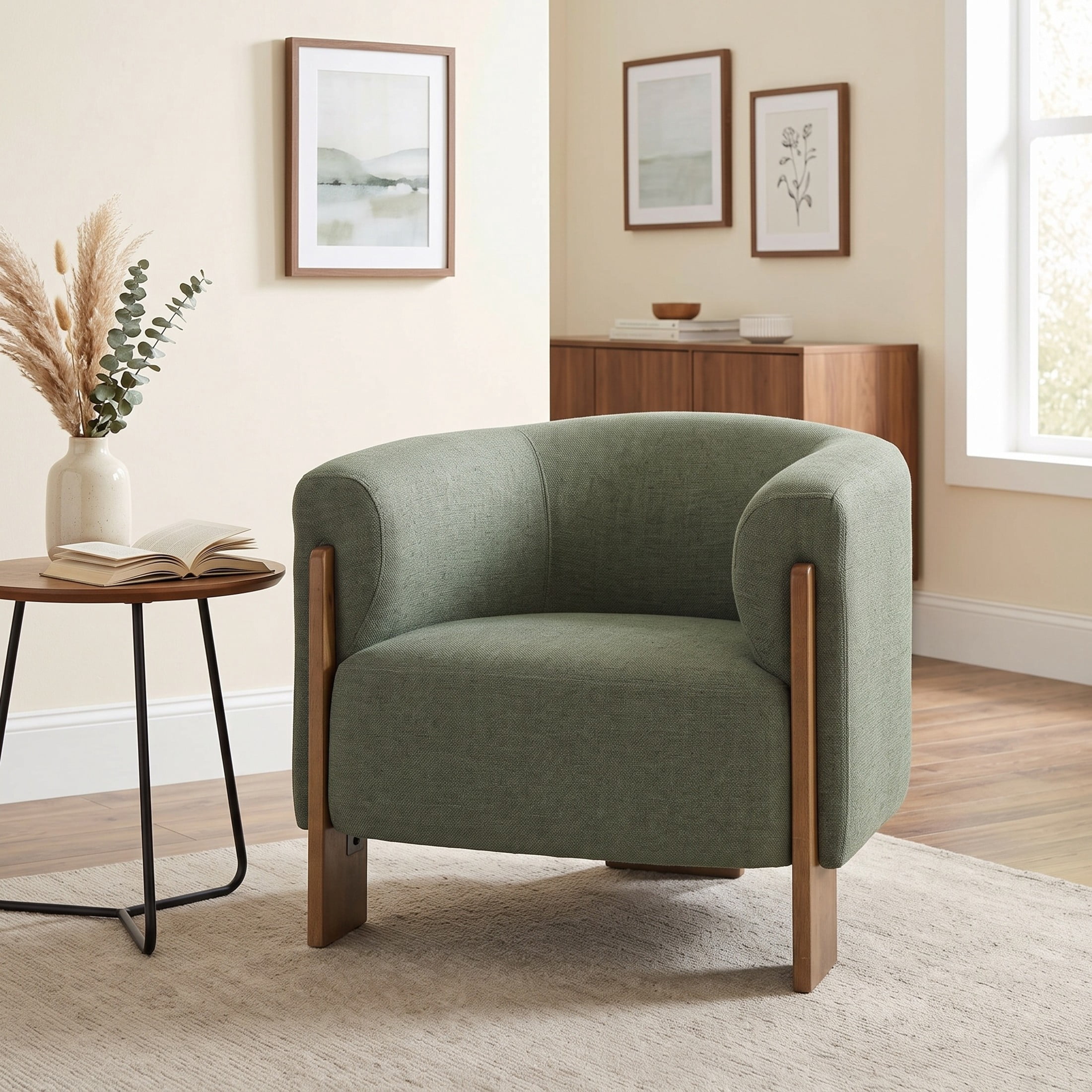 Christopher Knight Home Mid-Century Modern Barrel Accent Chair, Chenille Upholstery, Wood Legs, Green